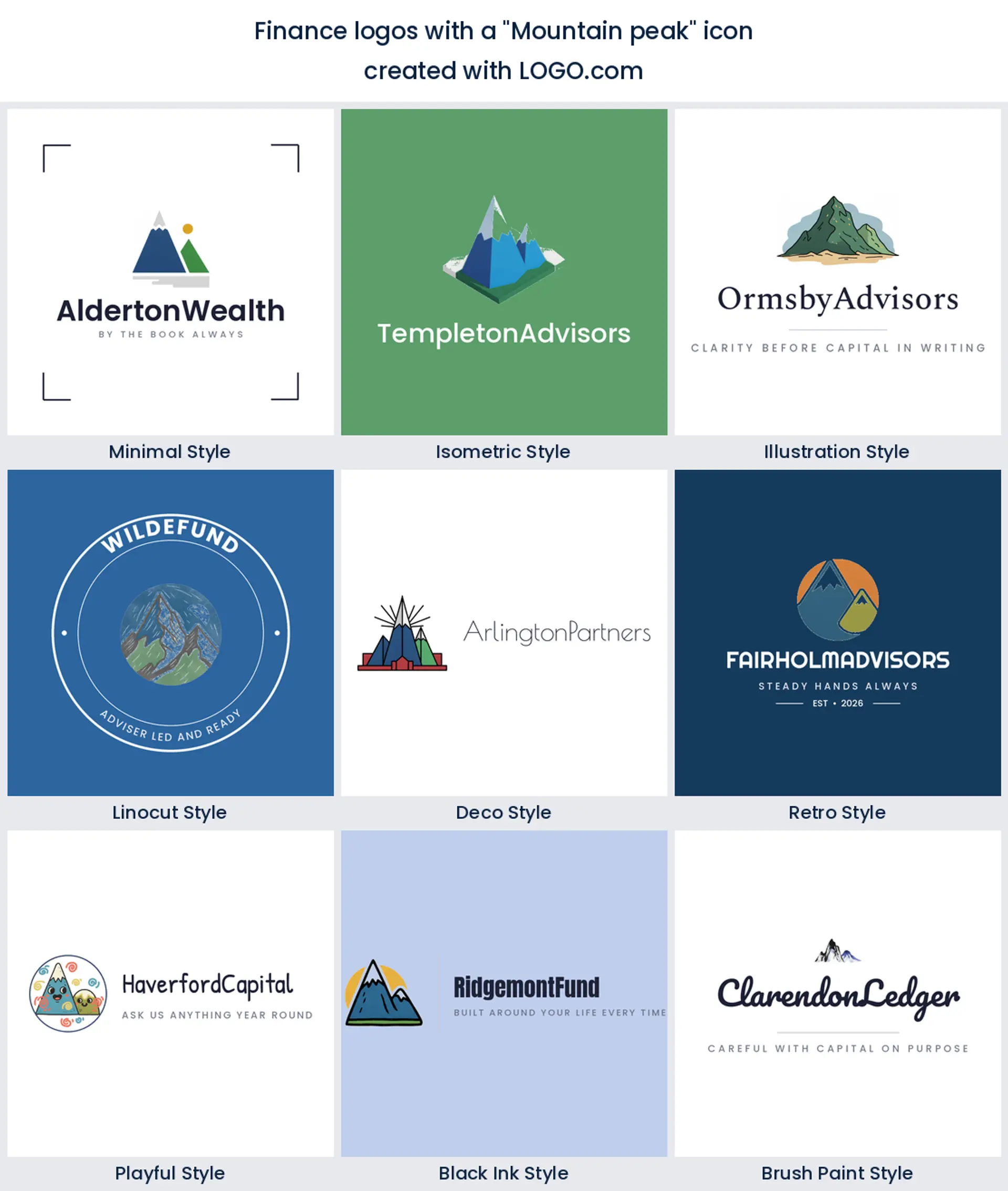 Nine styles of investment logo built on a mountain peak