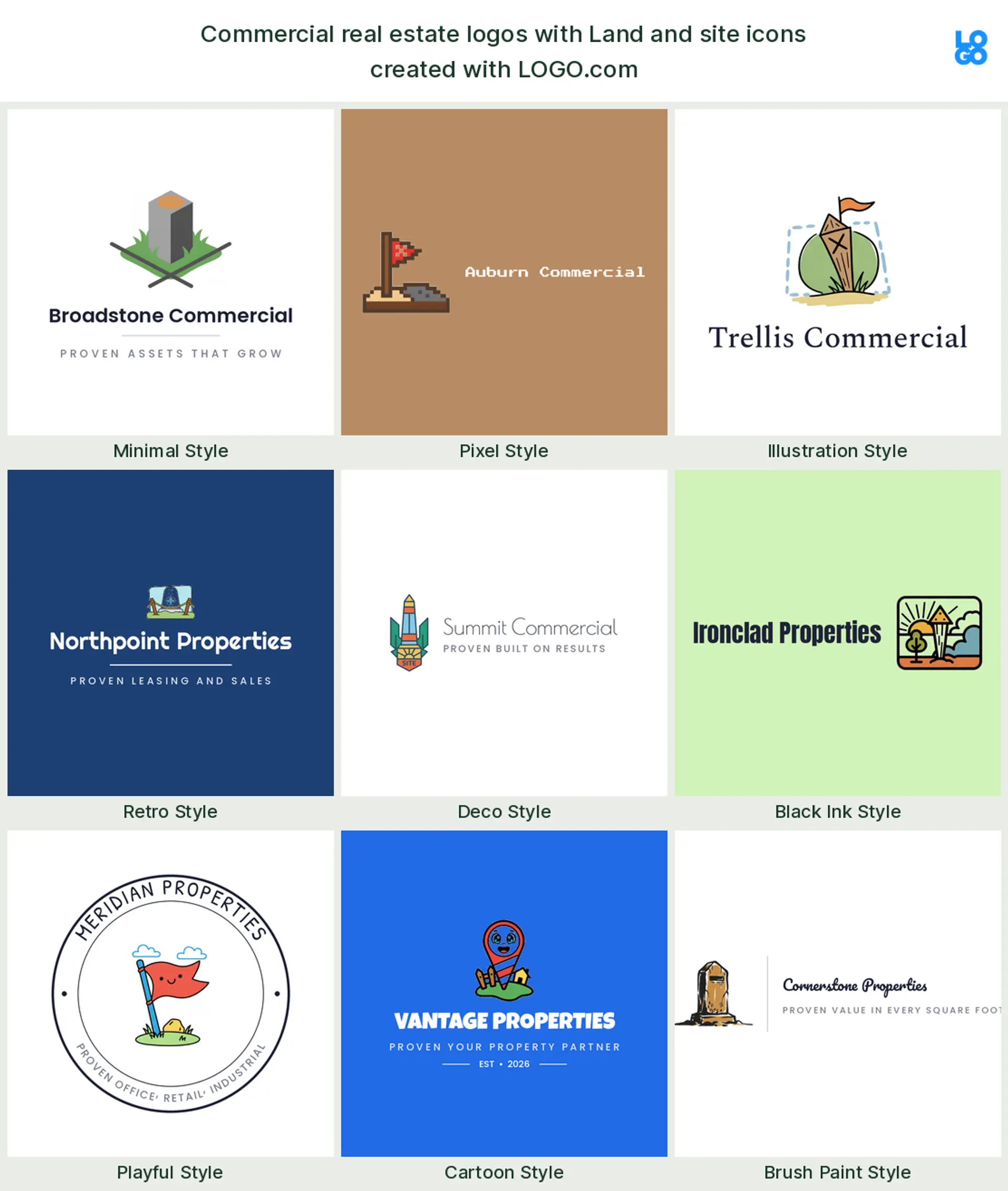 A land and site marker, a popular commercial real estate logo symbol, shown across nine styles on LOGO.com