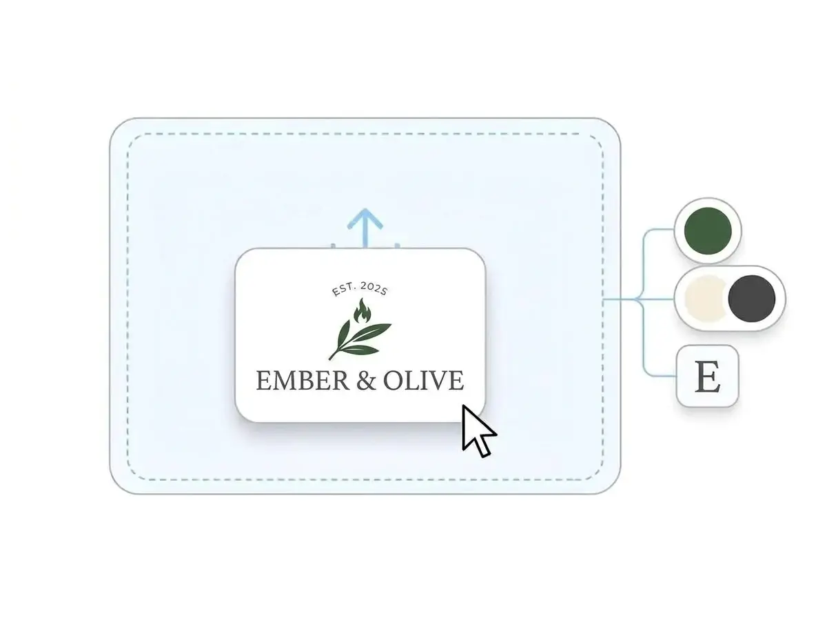 Ember & Olive restaurant logo being dropped into the restaurant website builder upload box, with its forest green, cream and charcoal colors and serif font picked out