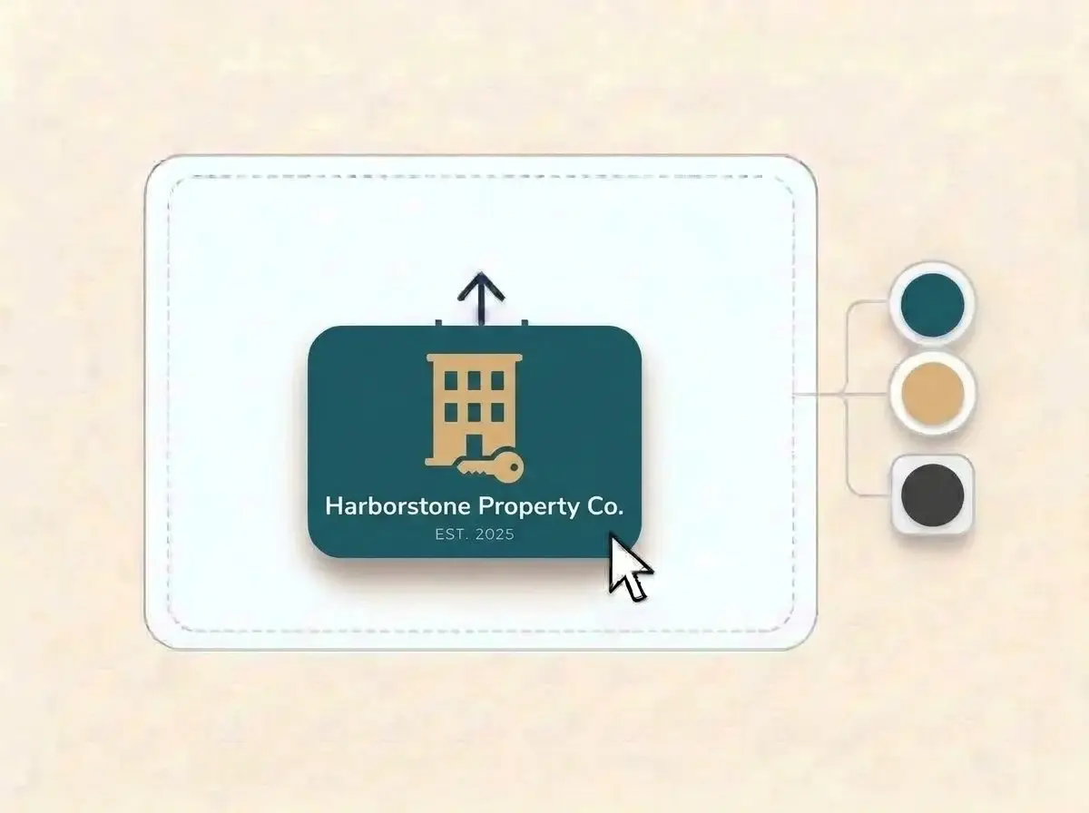 Harborstone Property Co. logo, a sand colored apartment building with a key on a deep teal card, dropped into the LOGO.com upload box with its colors picked out