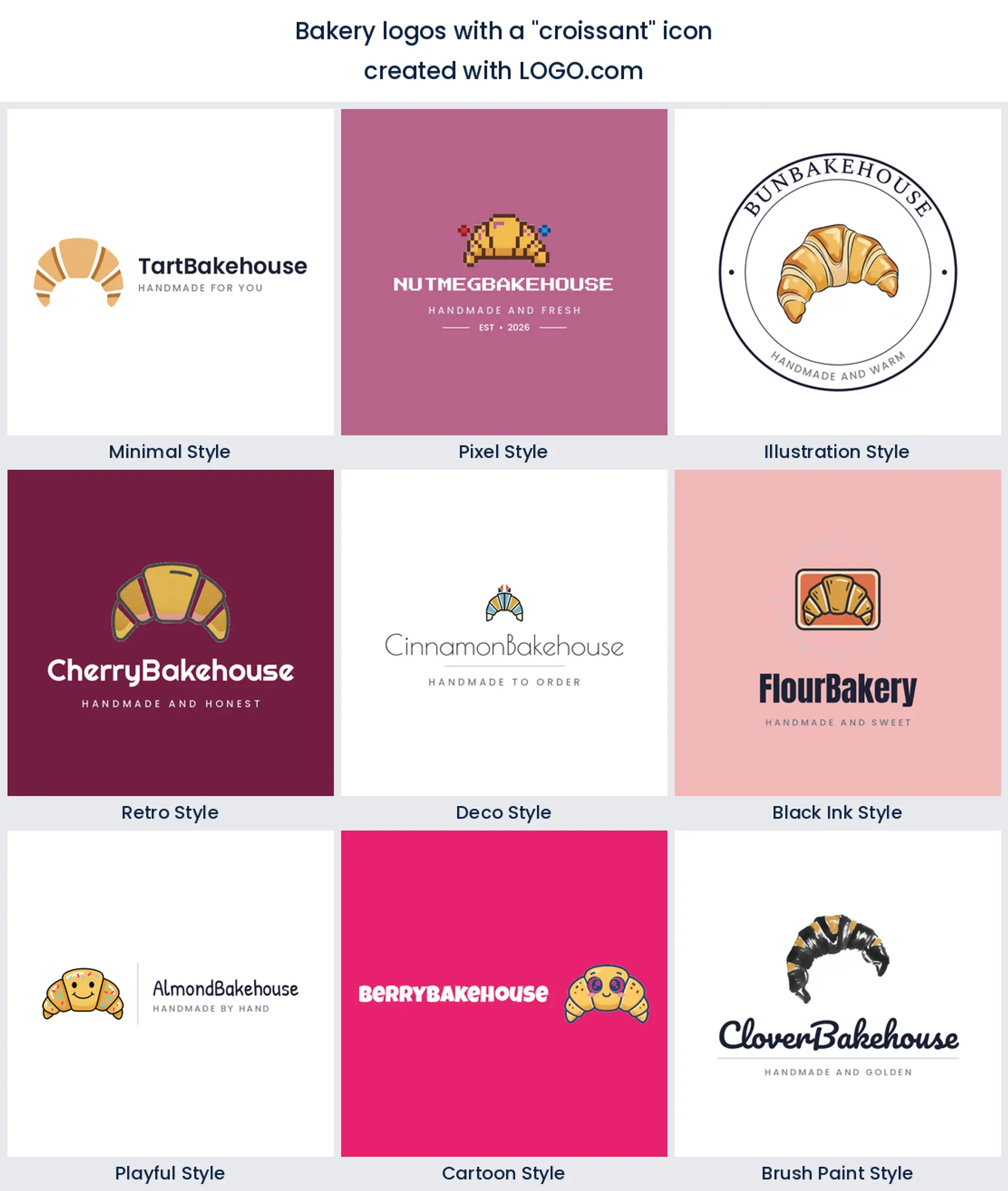 Croissant bakery logo shown in nine LOGO.com styles.