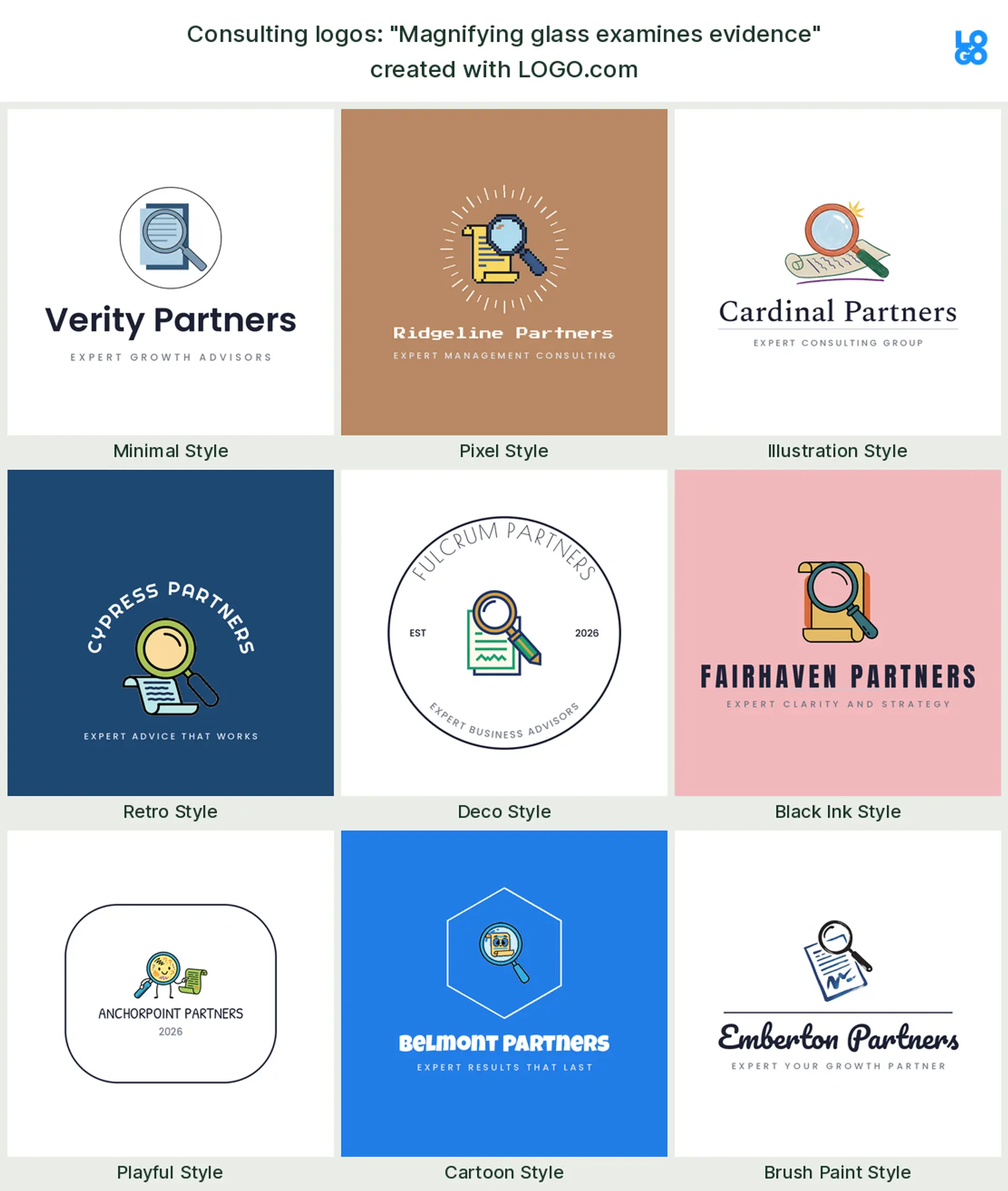 The "Magnifying glass examines evidence" business consulting logo idea, shown across nine styles on LOGO.com
