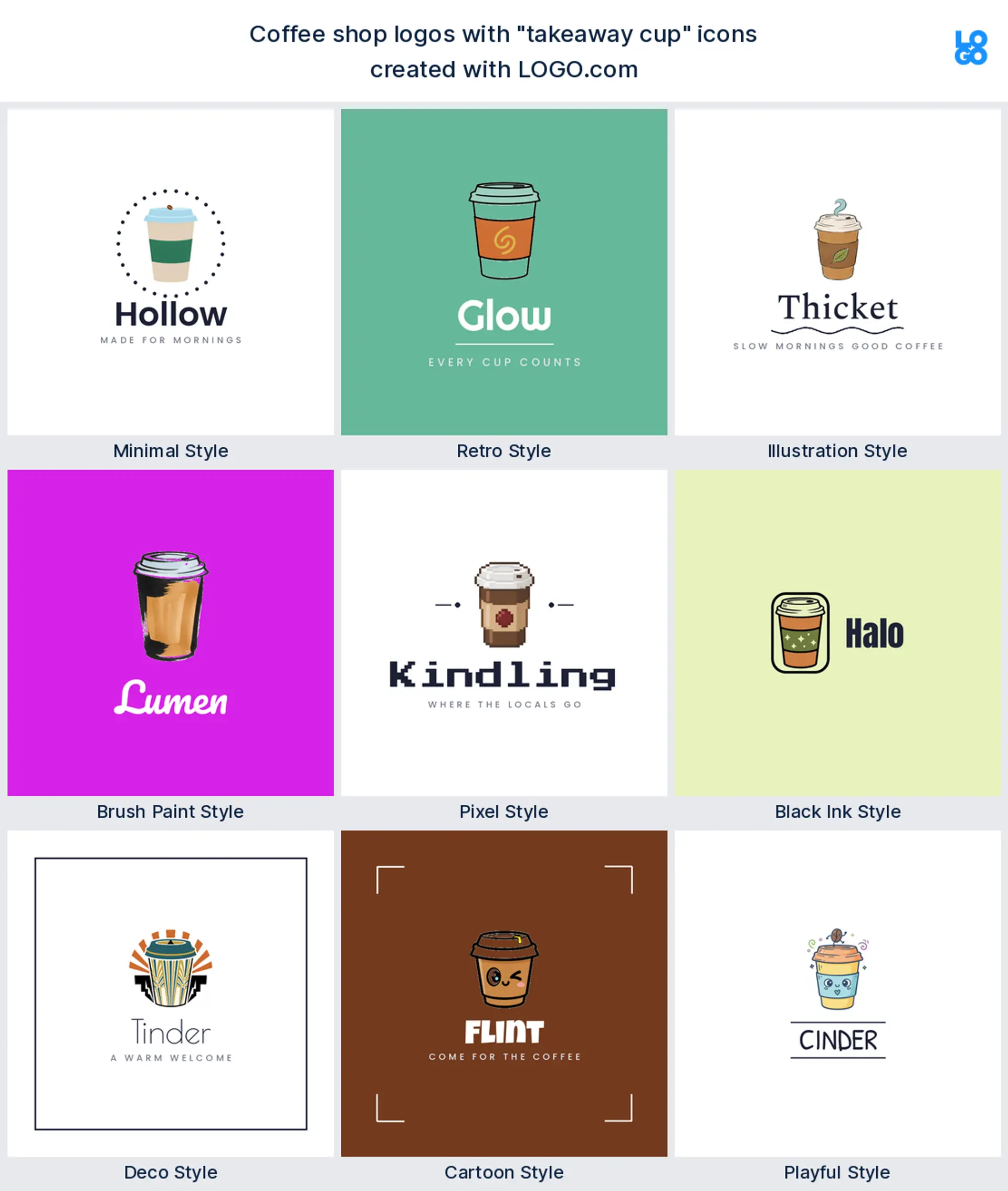Takeaway cup coffee logo shown in nine LOGO.com styles