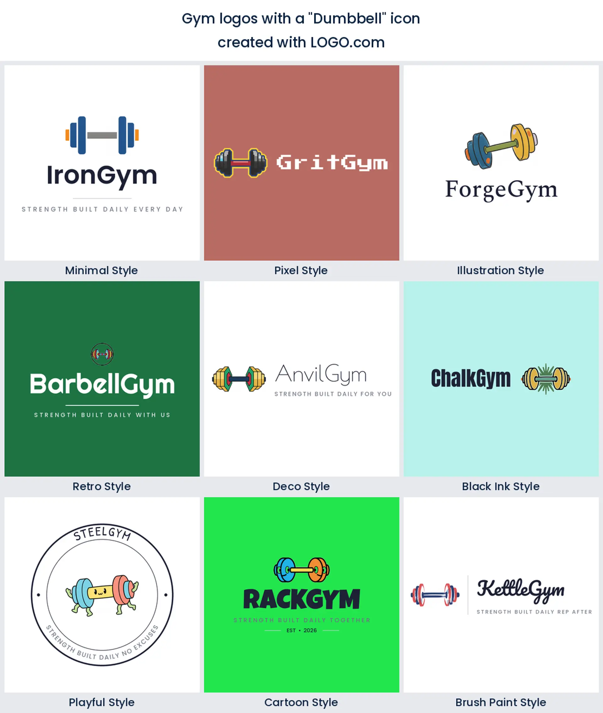 Dumbbell gym logo shown across nine LOGO.com styles