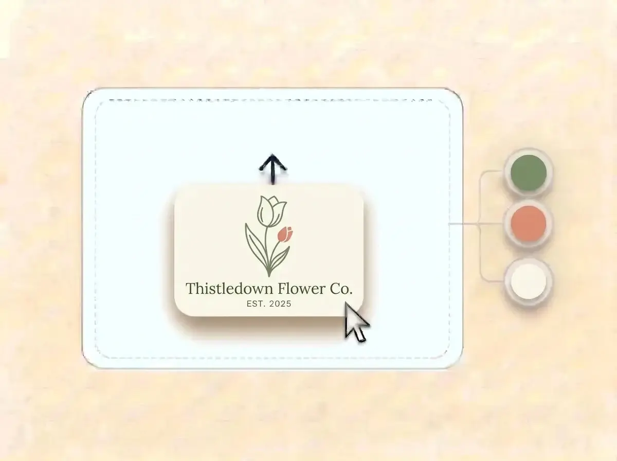 Thistledown Flower Co. logo, a moss green tulip with a coral bud on an ivory card, dropped into the LOGO.com upload box with its colors split into swatches