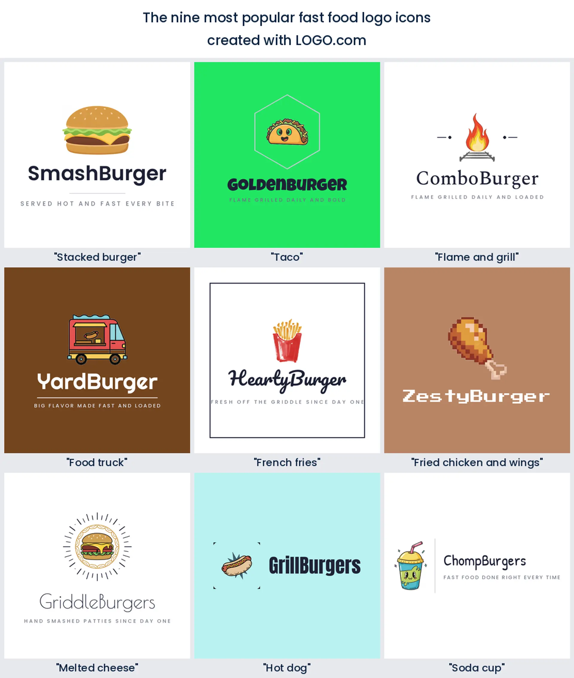The nine most popular fast food logo icons on LOGO.com, shown in colored styles.