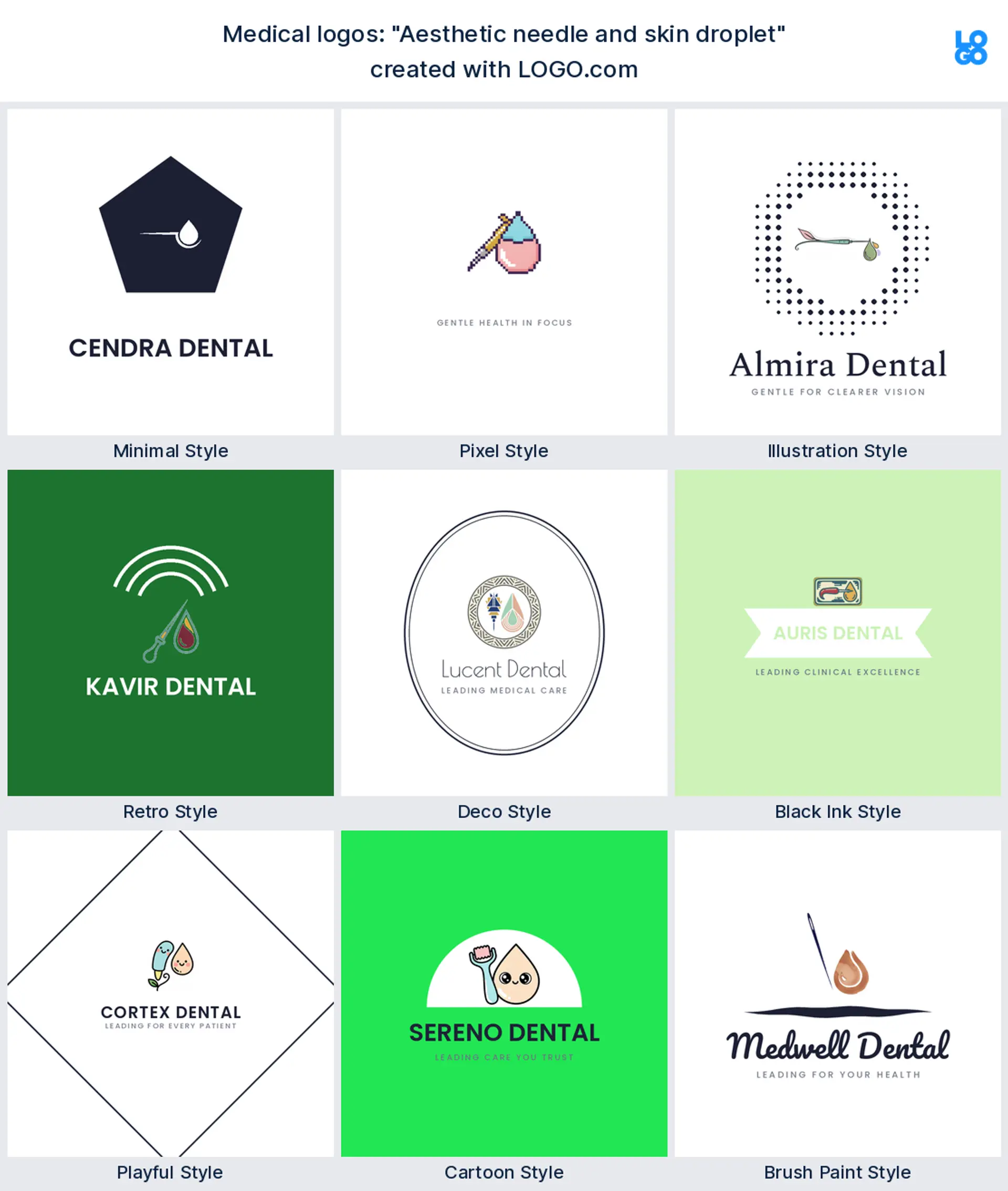 The "Aesthetic needle and skin droplet" medical logo idea shown across nine LOGO.com styles
