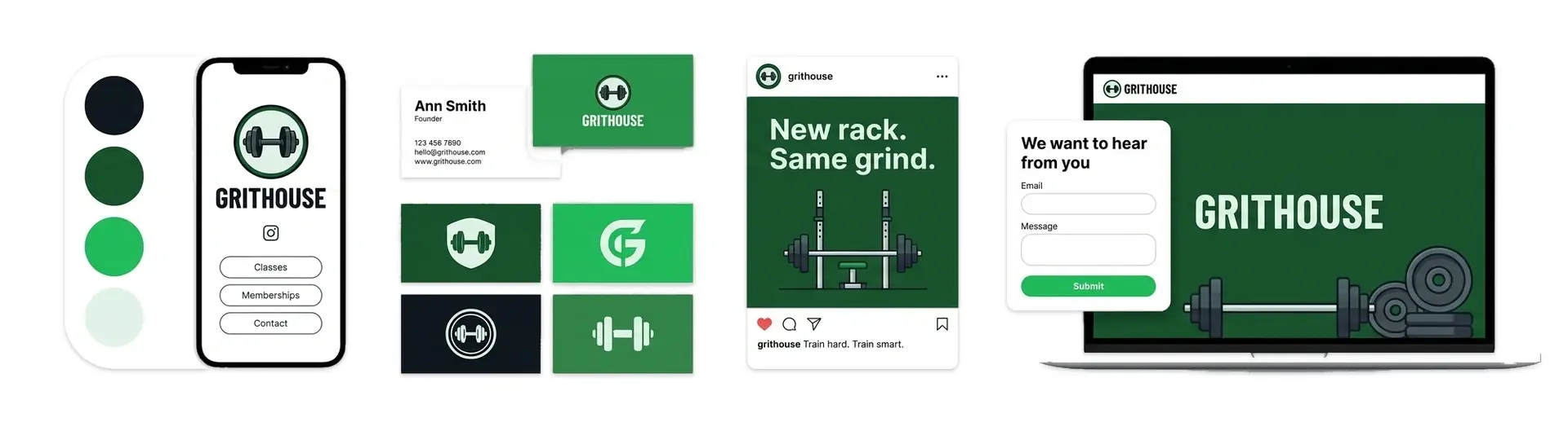 Gym logo branding for a strength gym shown on a phone, cards, and a website