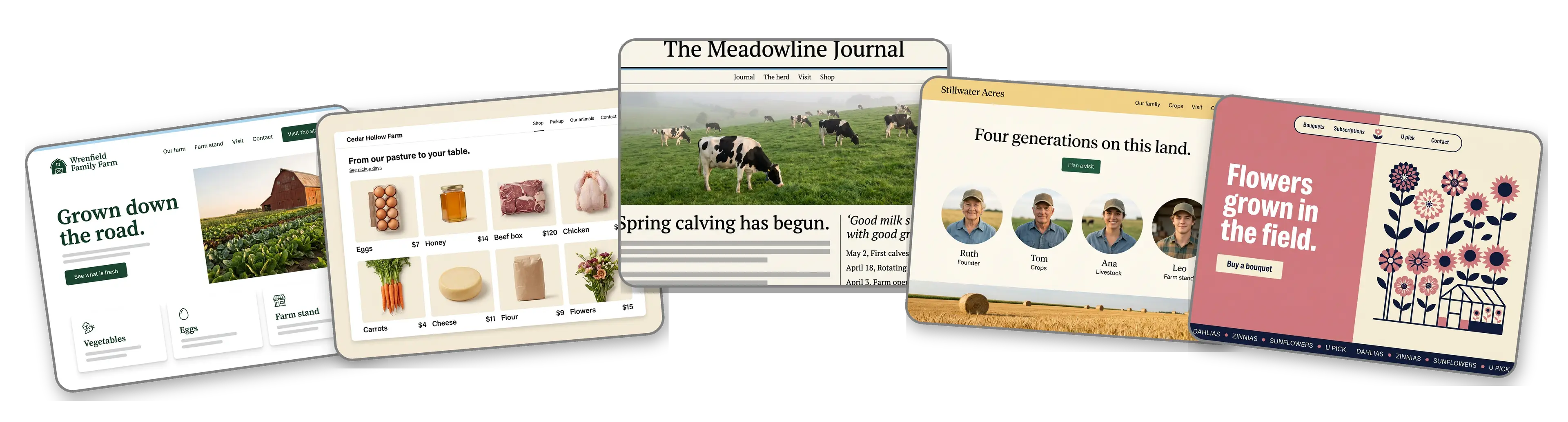 Five farm websites built with LOGO.com from a logo upload: a family vegetable and egg farm, a farm shop with pickup days, a dairy farm journal, a multi generation family farm and a cut flower farm