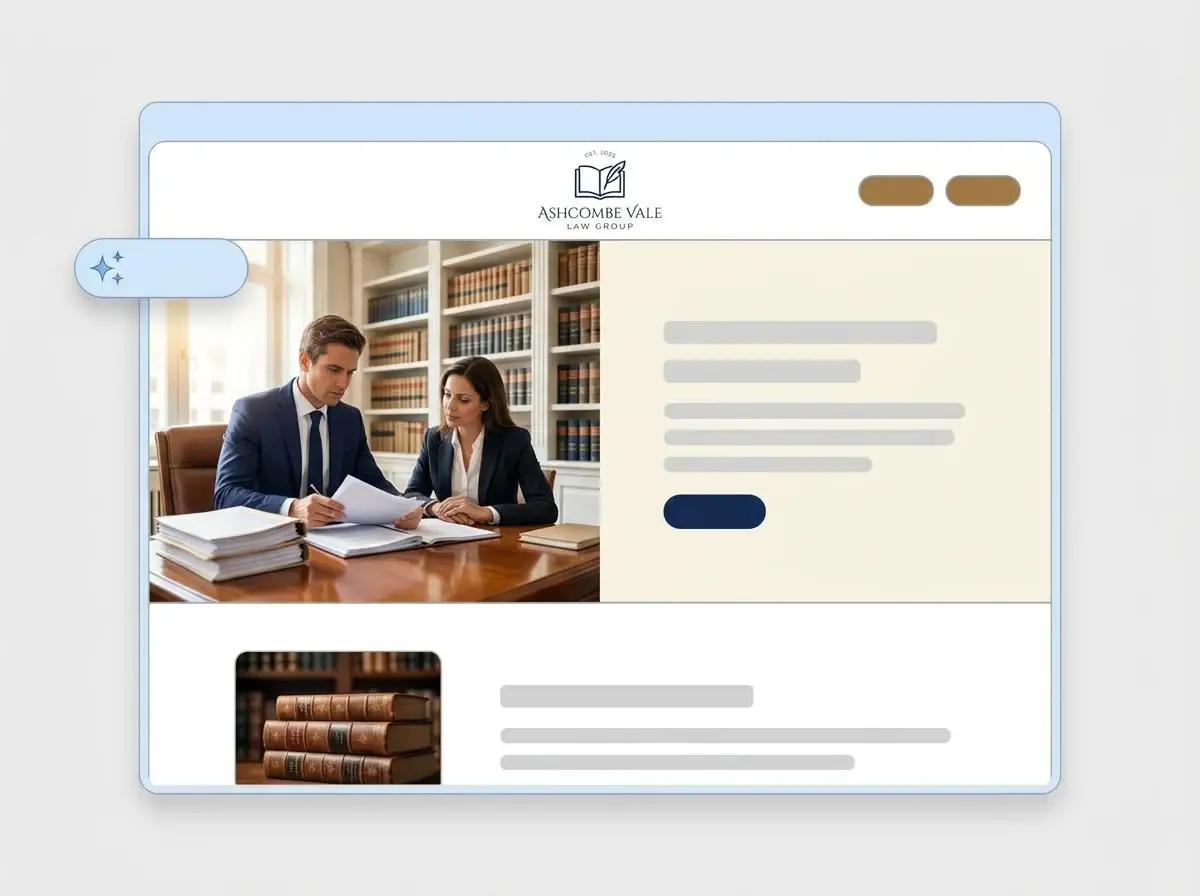 Finished Ashcombe Vale Law Group website built by LOGO.com from the uploaded logo, with a lawyer and client reviewing papers in the hero and a law books thumbnail