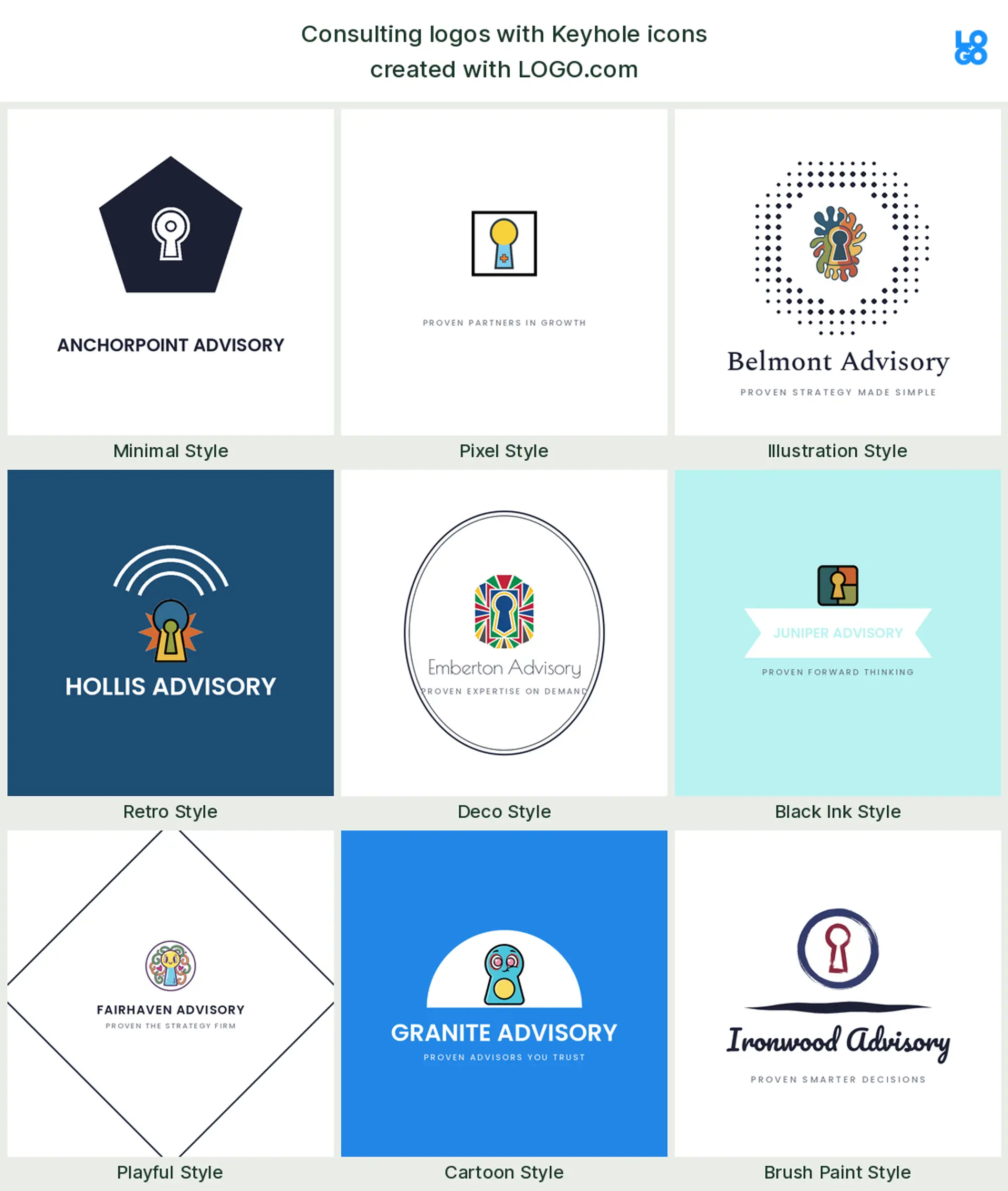 Keyhole, a popular consulting logo symbol, shown across nine styles on LOGO.com