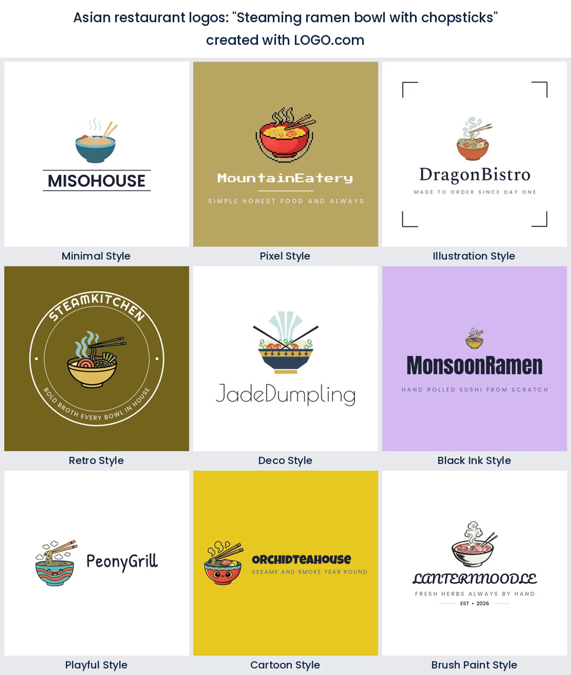 Steaming ramen bowl with chopsticks Asian restaurant logo in nine styles.