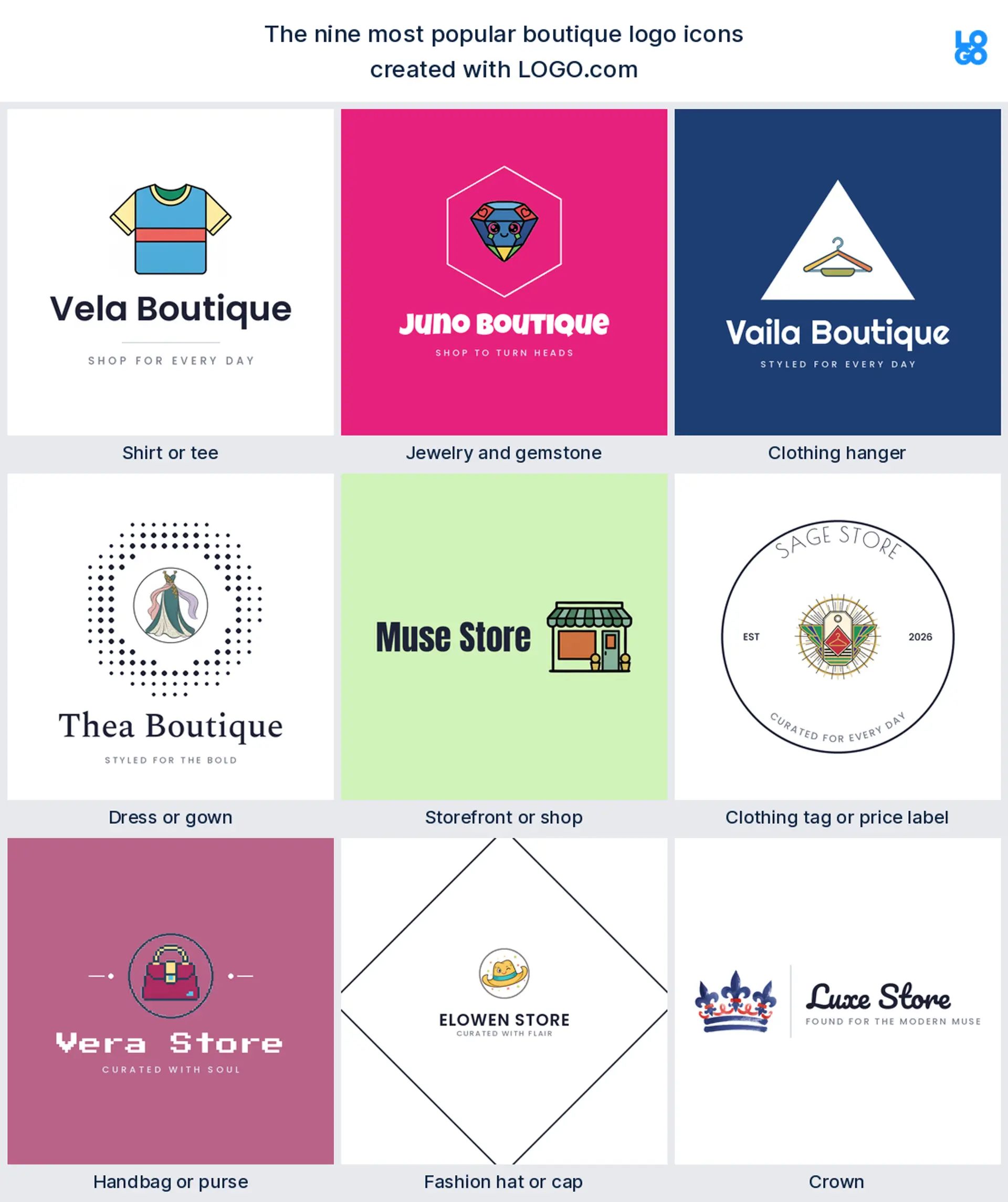 The nine most popular boutique logo icons on LOGO.com, shown across nine styles