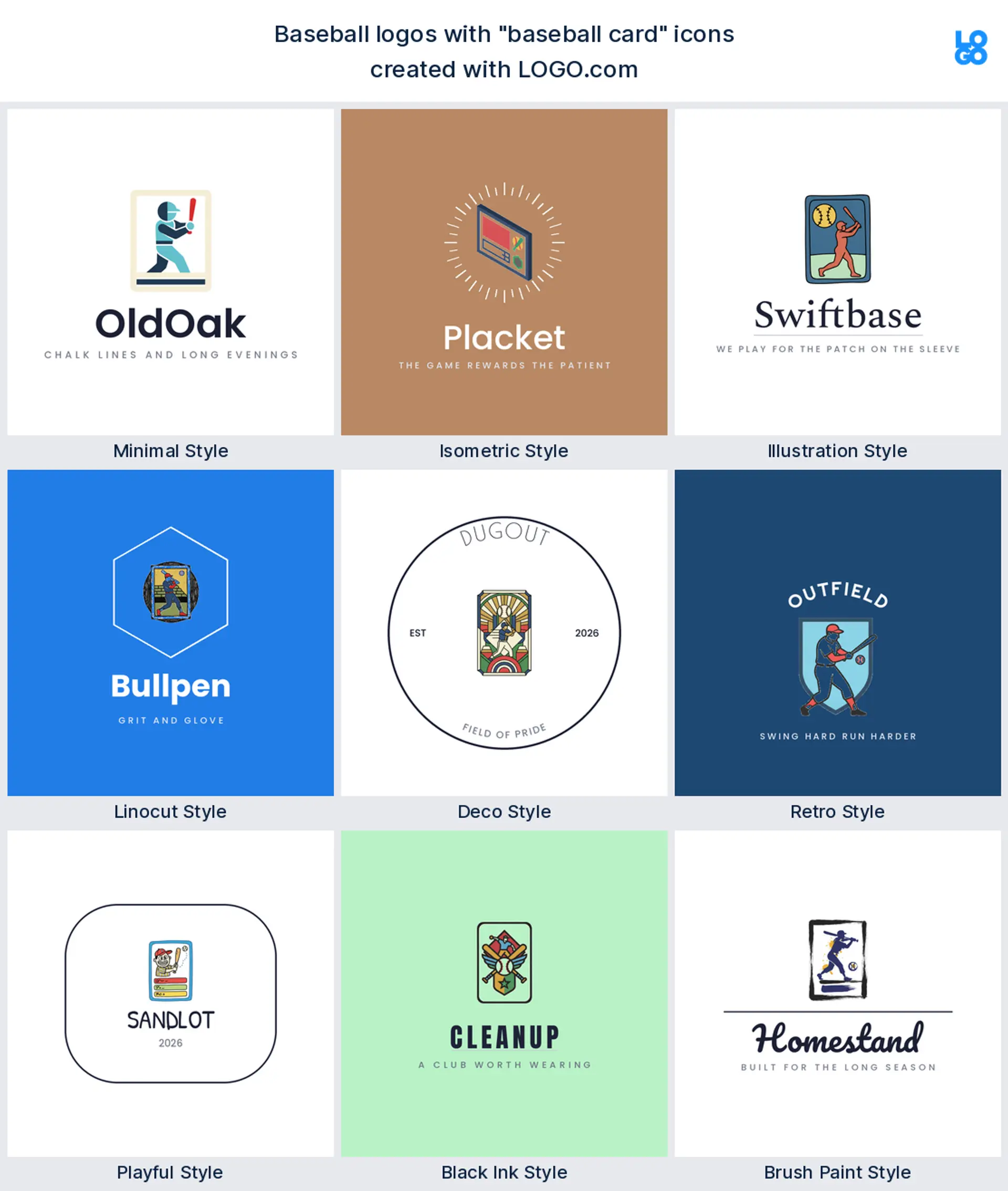 Baseball card logo shown in nine LOGO.com styles