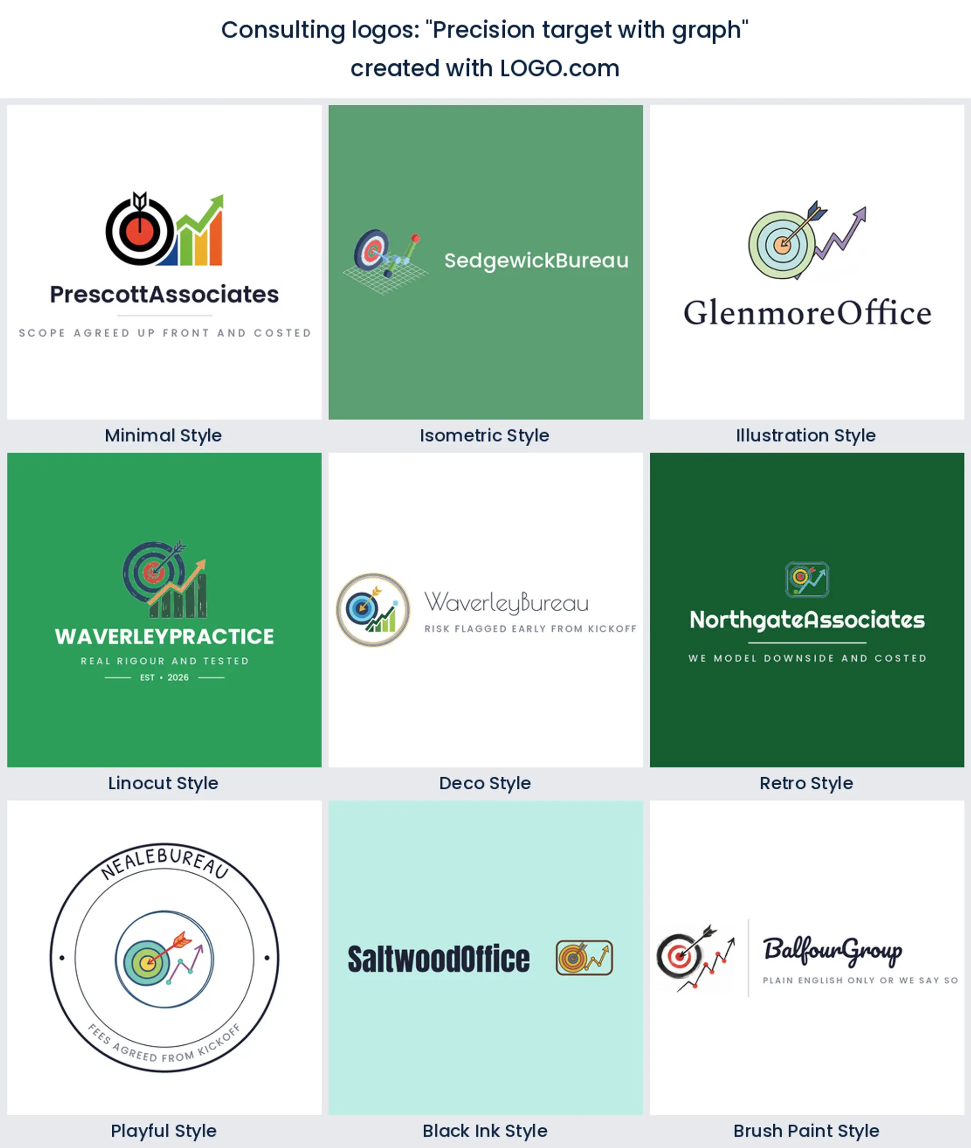Nine styles of consulting logo with an arrow in the centre of a target beside a chart line
