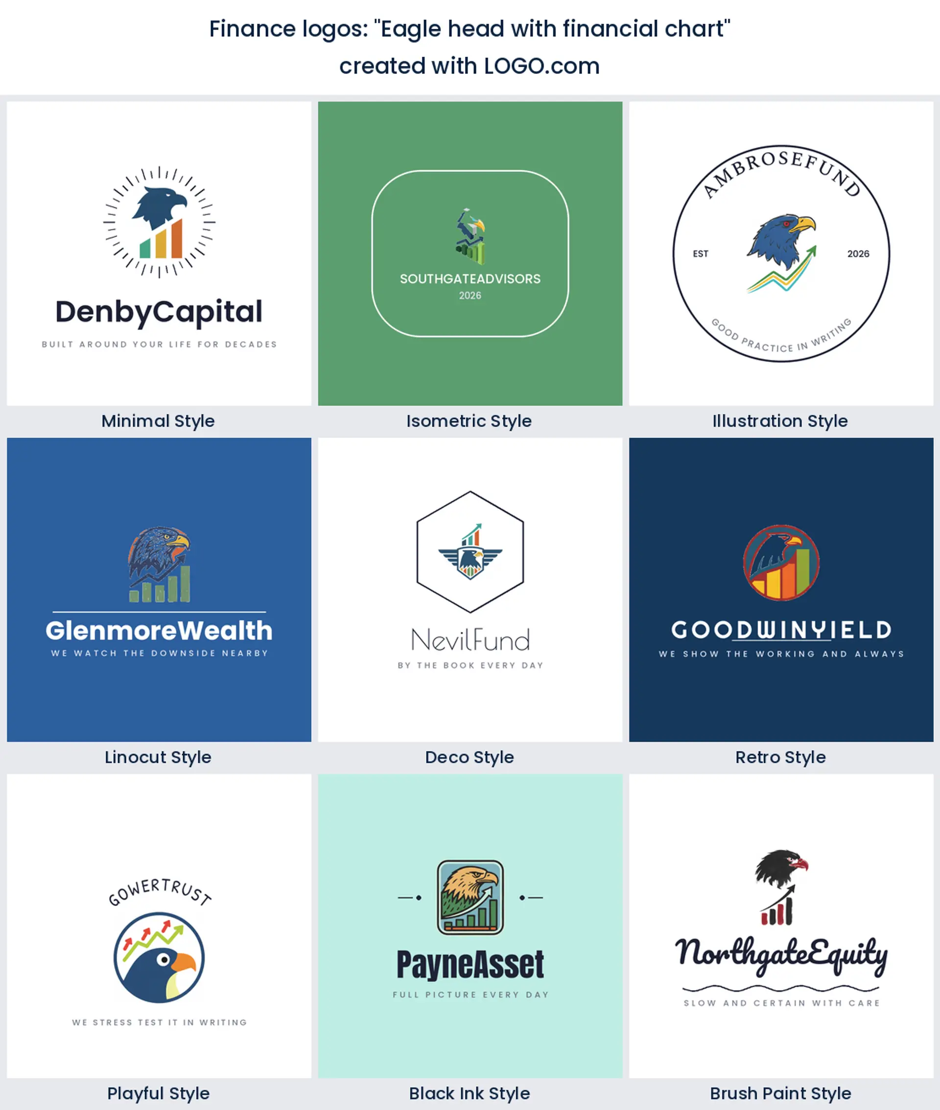 Nine styles of finance logo with an eagle head above a rising chart