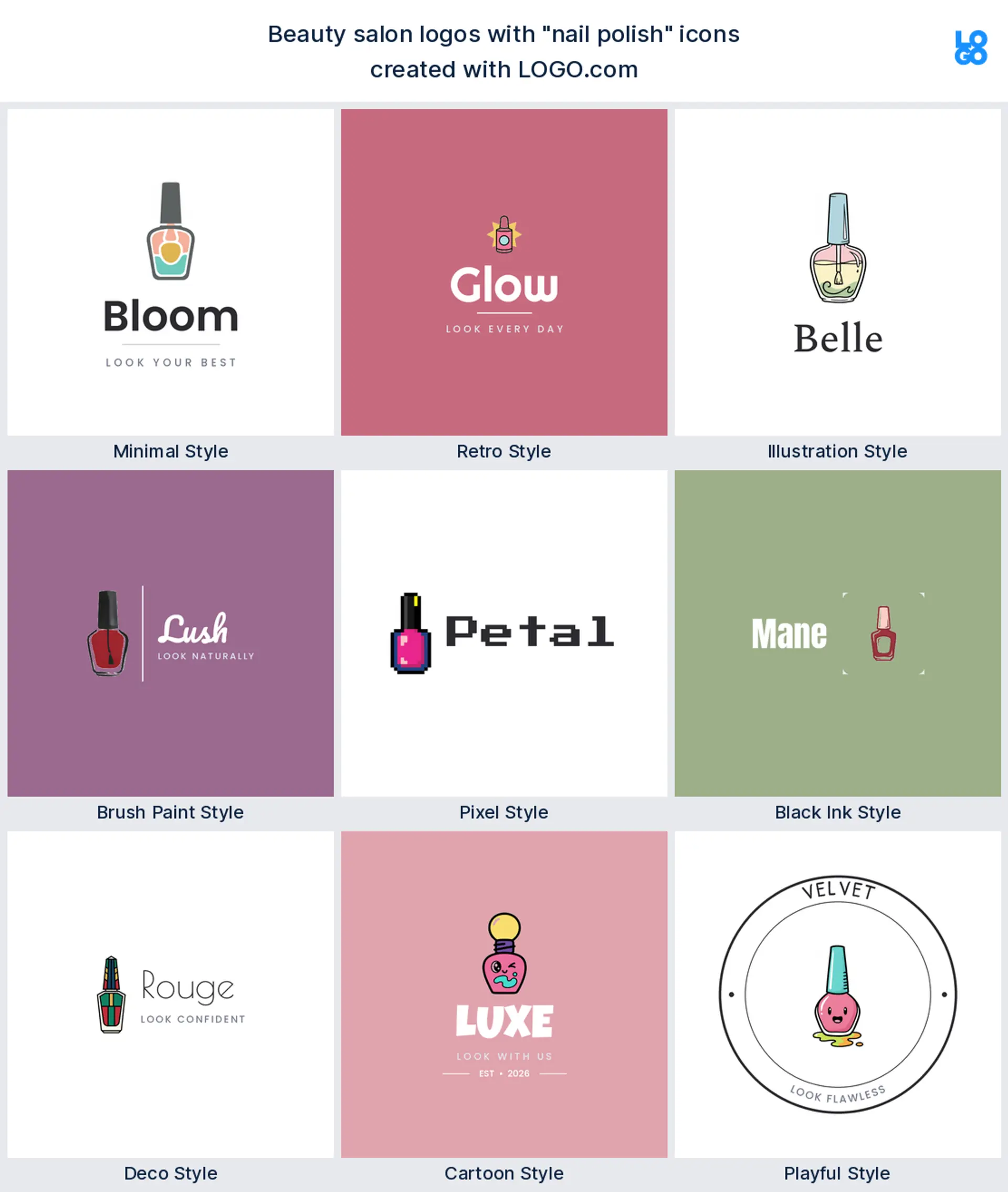 Nail polish beauty salon logo shown in nine LOGO.com styles