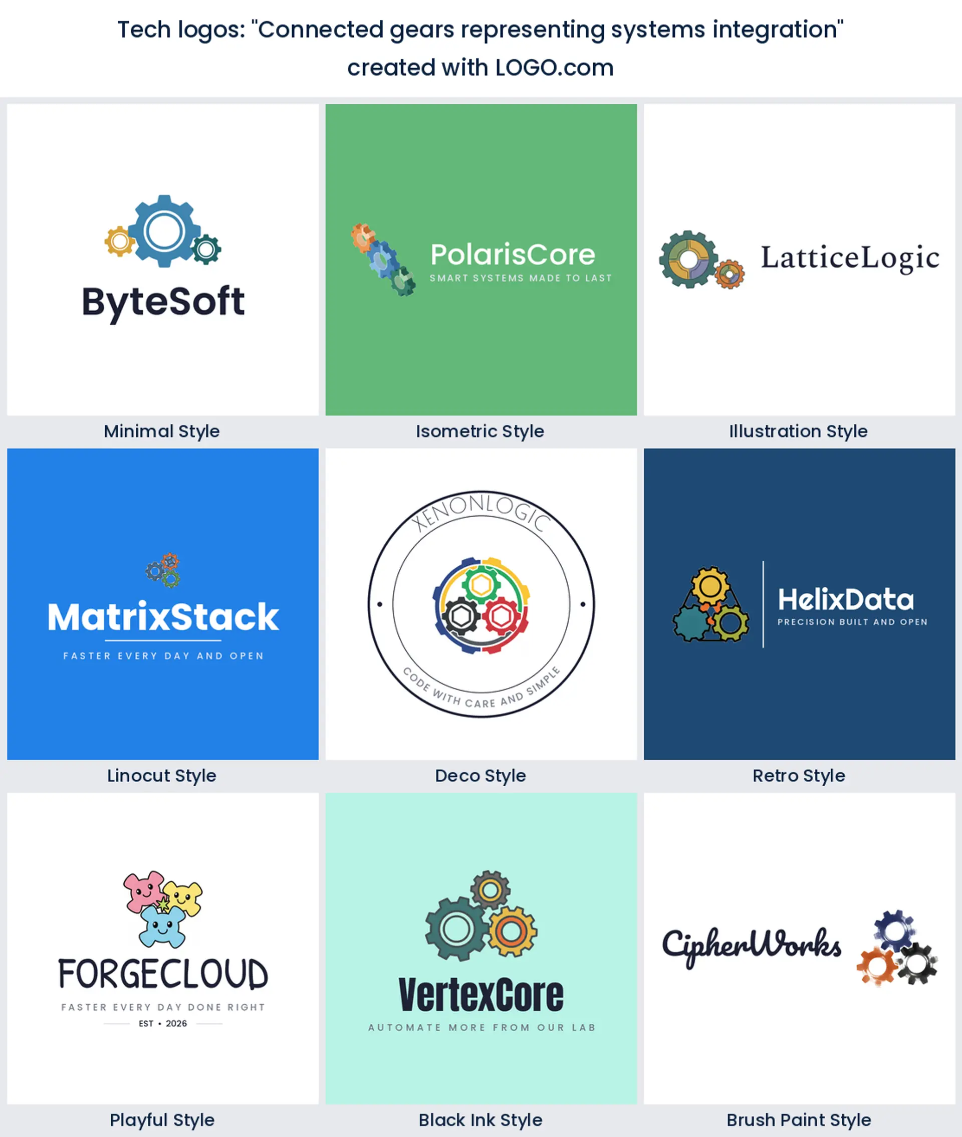 Connected gears for systems integration tech logo in nine styles.