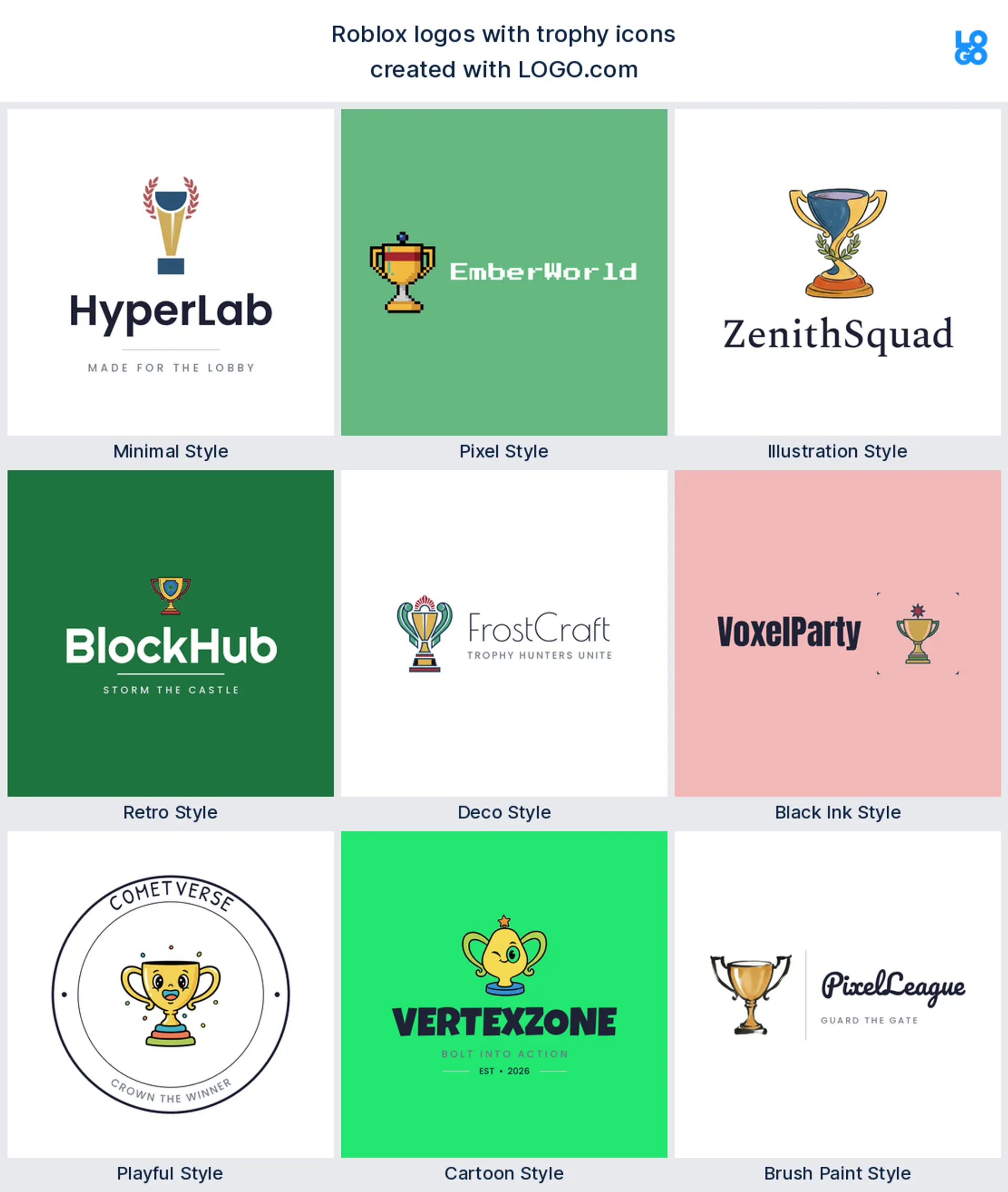 Trophy Roblox logos in nine LOGO.com styles