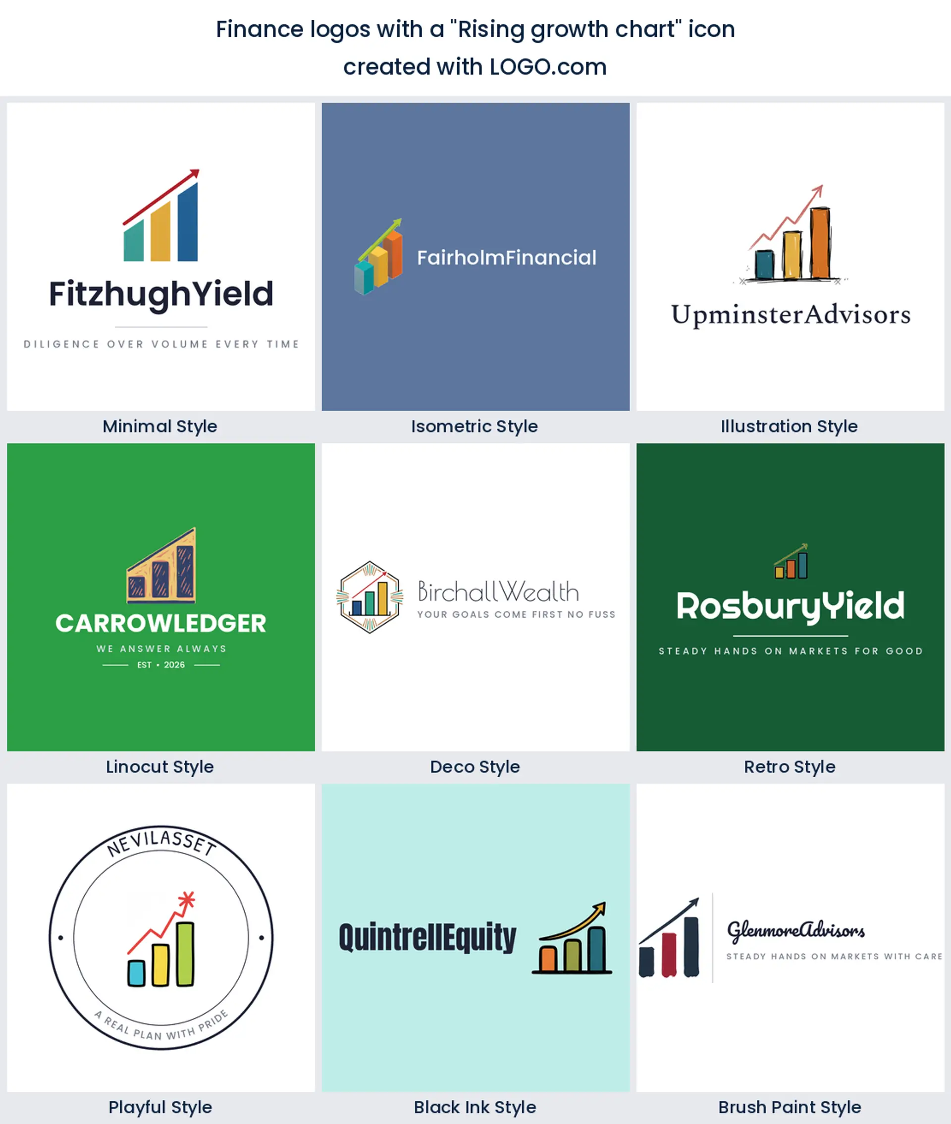Nine styles of finance logo built on a rising growth chart