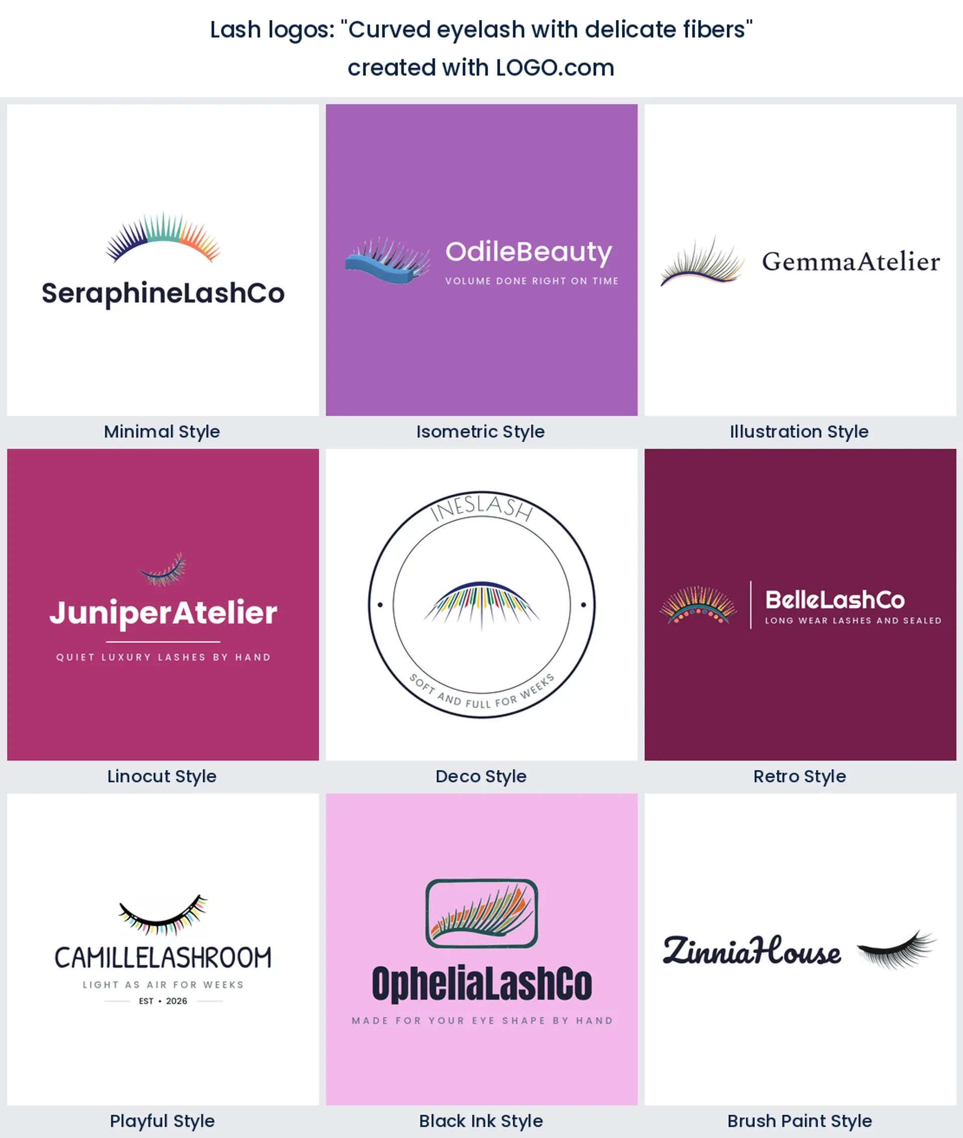 A lash logo built from the founder prompt "Curved eyelash with delicate fibers", shown in nine design styles.