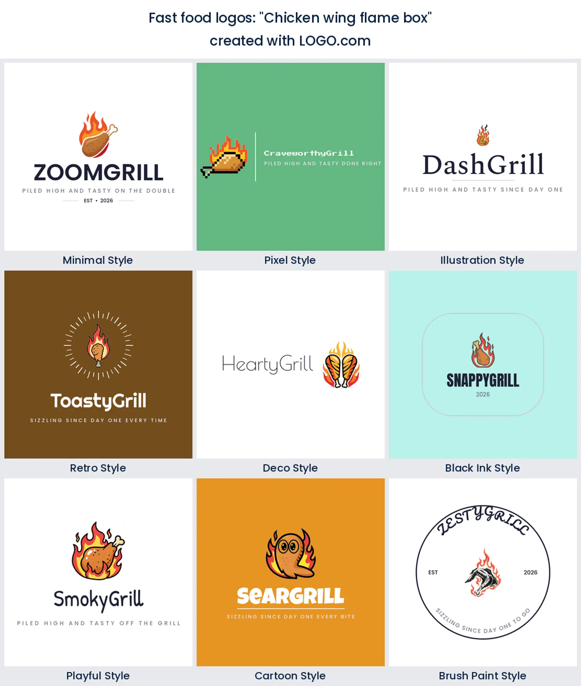 Chicken wing with flames logo in nine styles.
