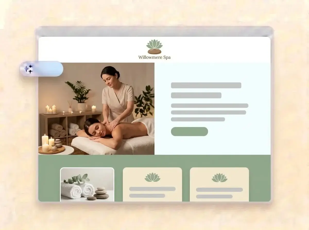 Finished Willowmere Spa website built by LOGO.com from the uploaded logo, with a massage therapist treating a client in the hero photo