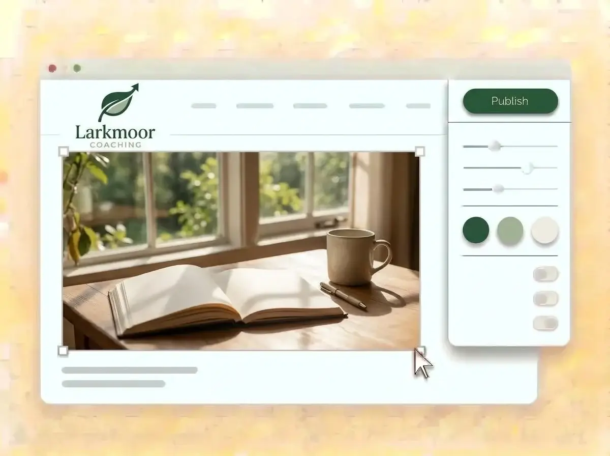 Editing the Larkmoor Coaching website with a sunlit journal photo selected, the style panel open and the forest green Publish button ready