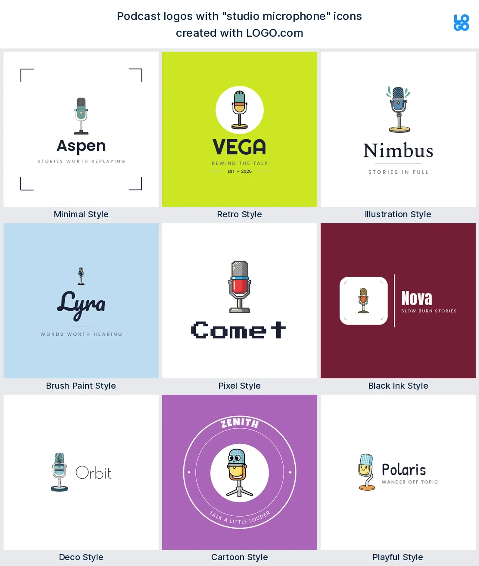 Studio microphone podcast logo shown in nine LOGO.com styles