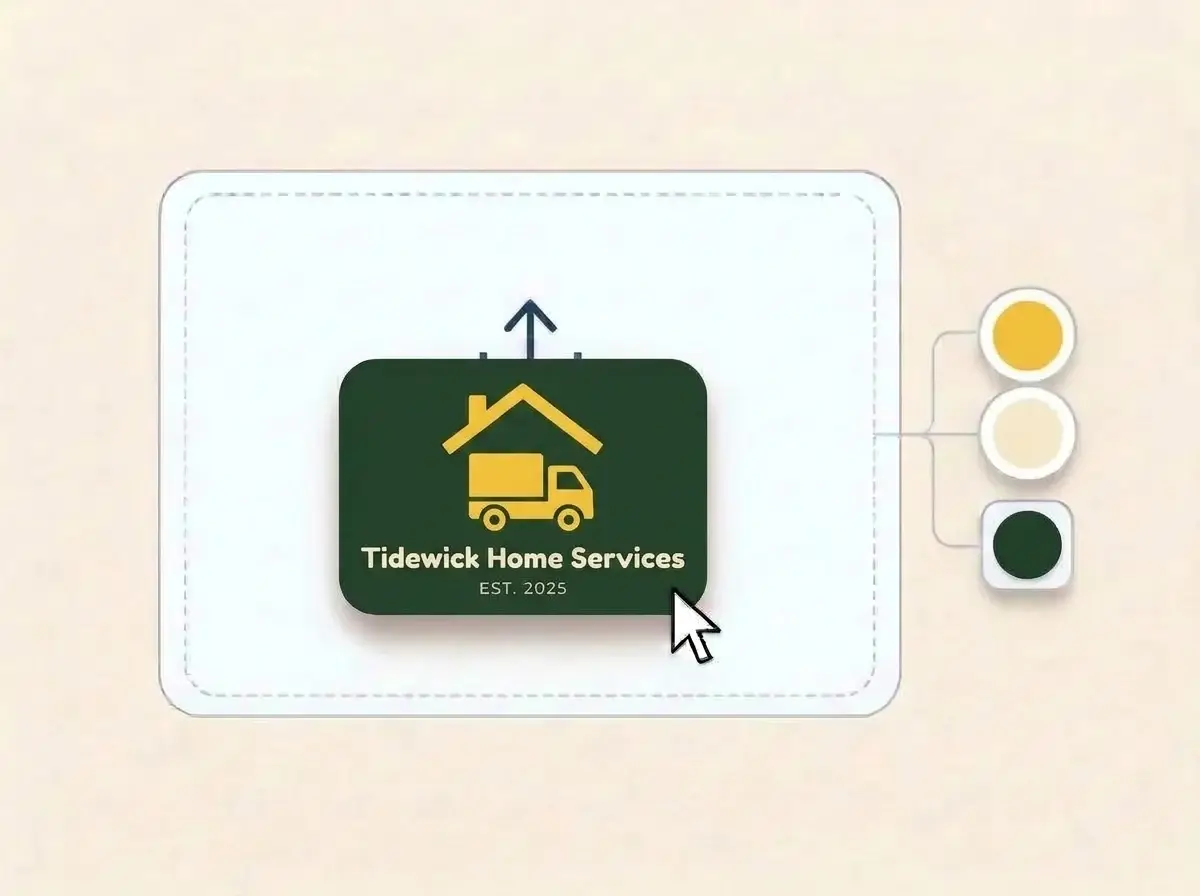 Tidewick Home Services logo, a sunflower yellow house roofline above a small hauling truck on deep forest green, dropped into the LOGO.com upload box with its colors picked out