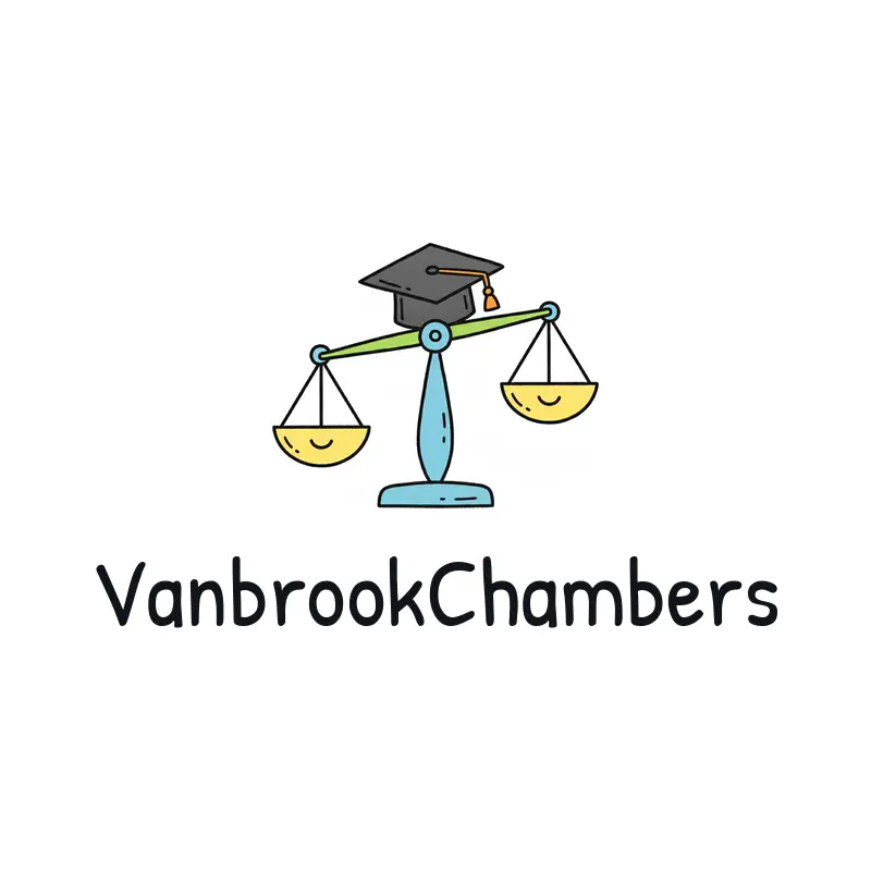Playful law logo with scales of justice under a graduation cap for VanbrookChambers
