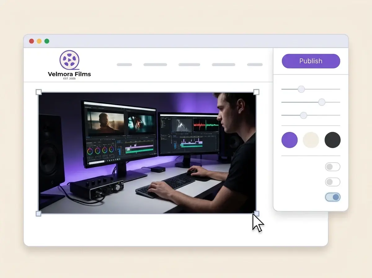 Editing the Velmora Films website with a photo of an editor color grading a film timeline selected, the style panel open and the violet Publish button ready
