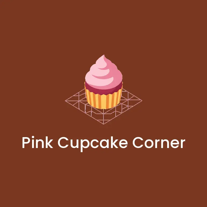 The bakery name Pink Cupcake Corner as a branded logo in an isometric style
