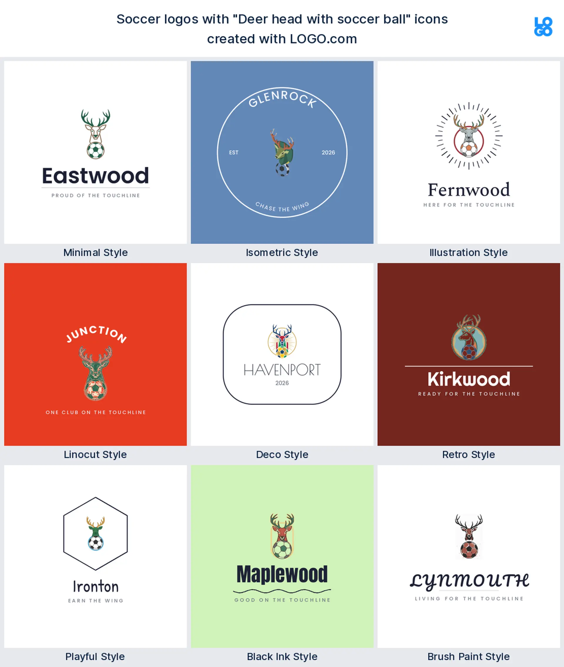 Deer head soccer logo shown in nine LOGO.com styles