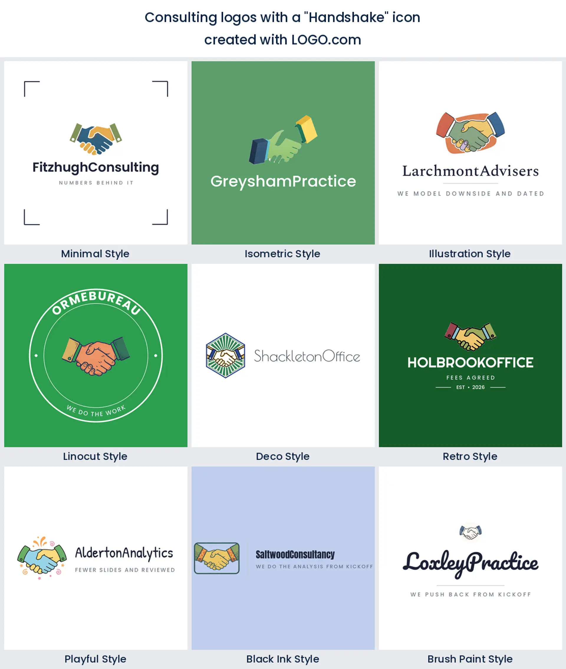 Nine styles of consulting logo built on two clasped hands