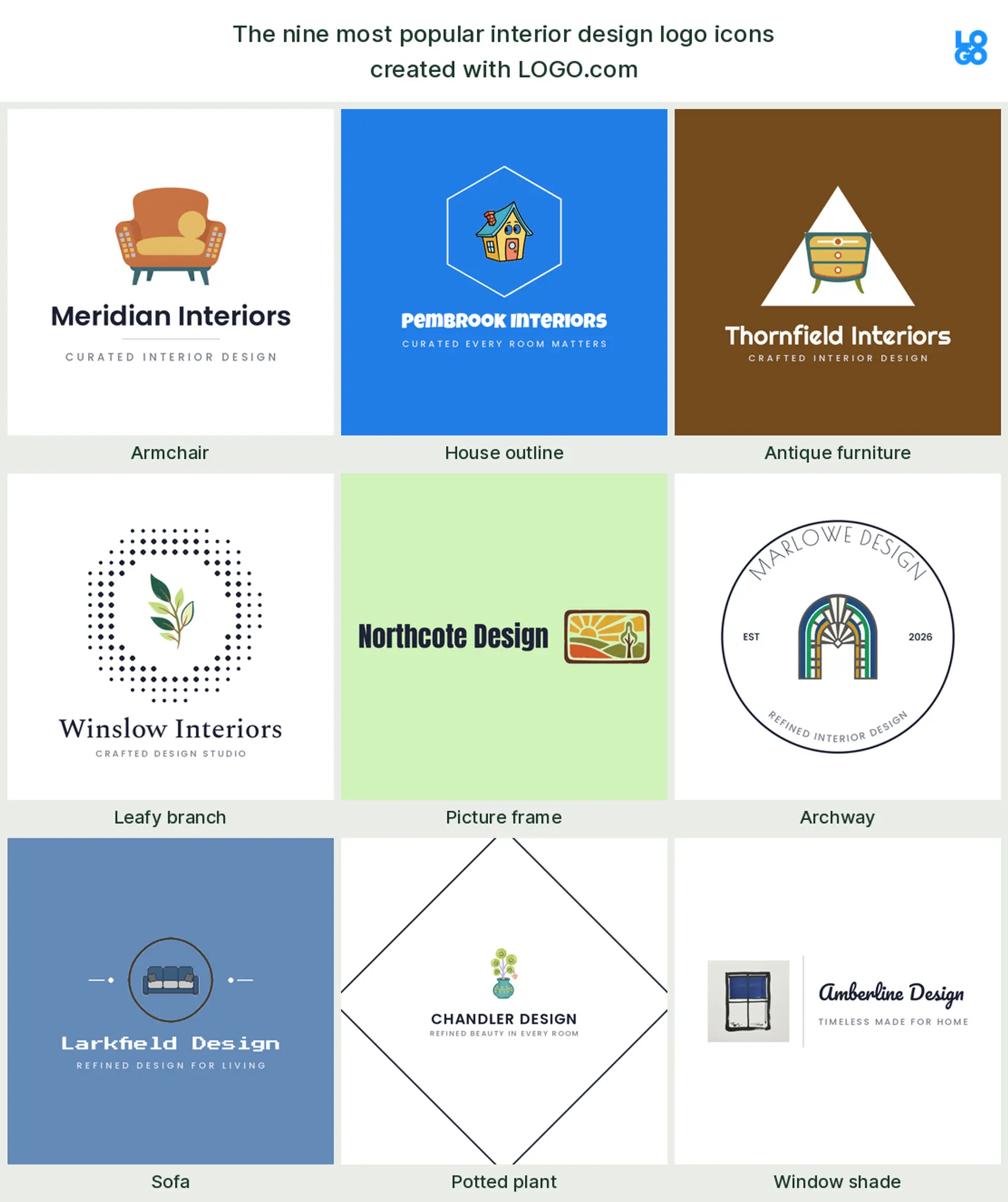 The nine most popular interior design logo icons on LOGO.com, shown across nine styles