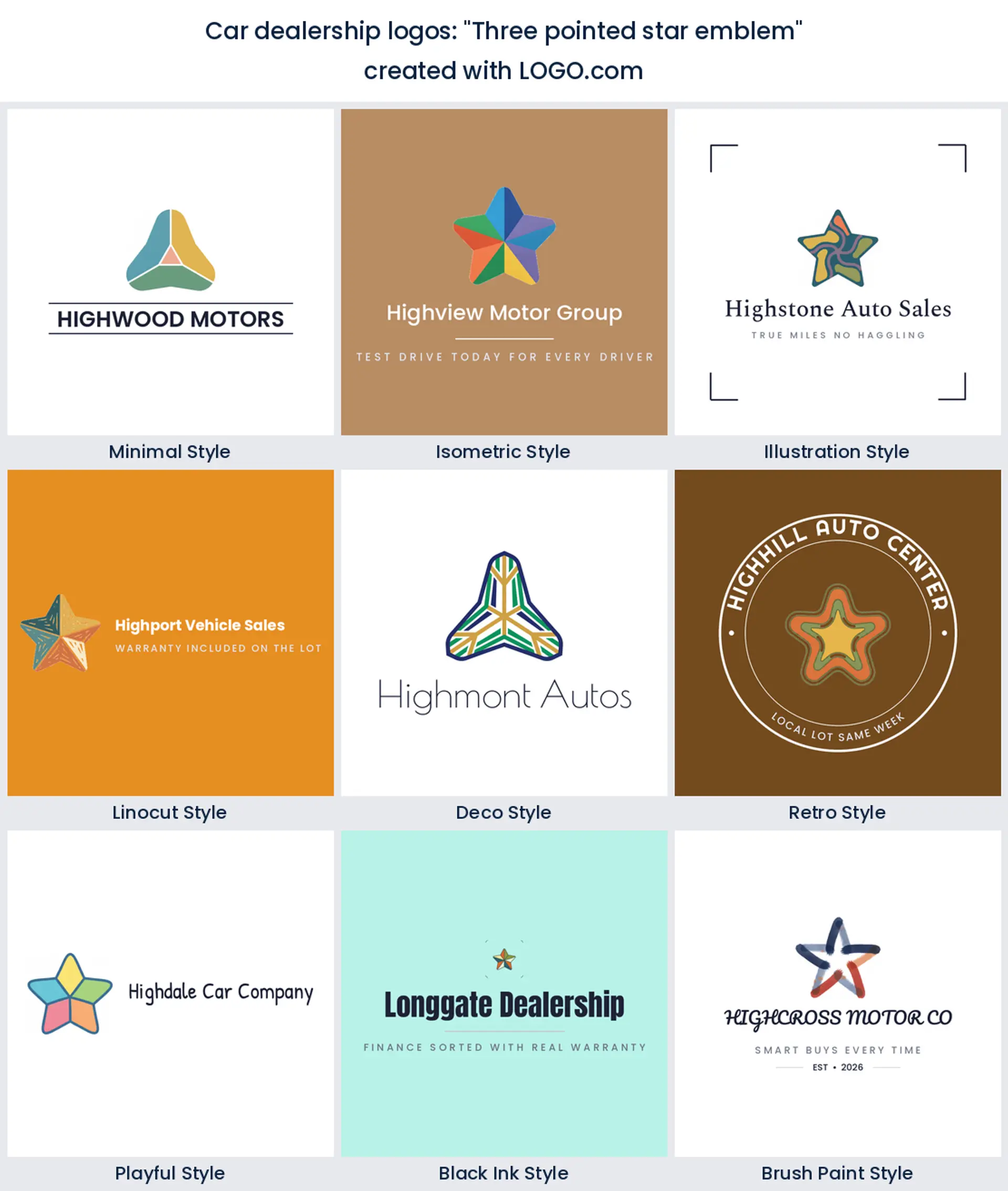 Three pointed star emblem automotive logo in nine styles