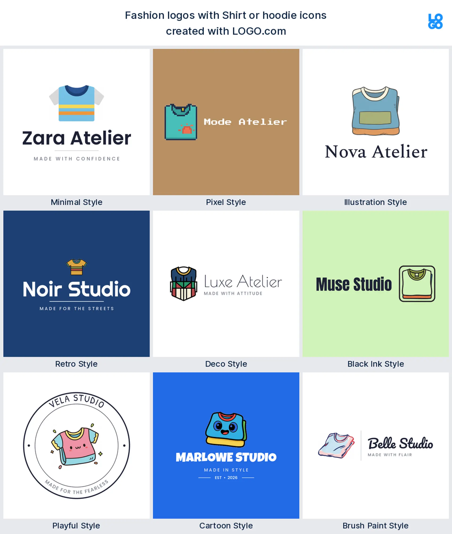 Shirt or hoodie shown across nine LOGO.com logo styles