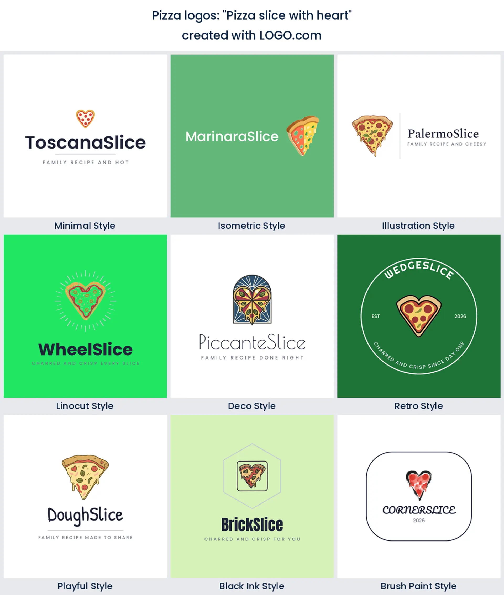 Pizza slice with heart logo in nine styles.
