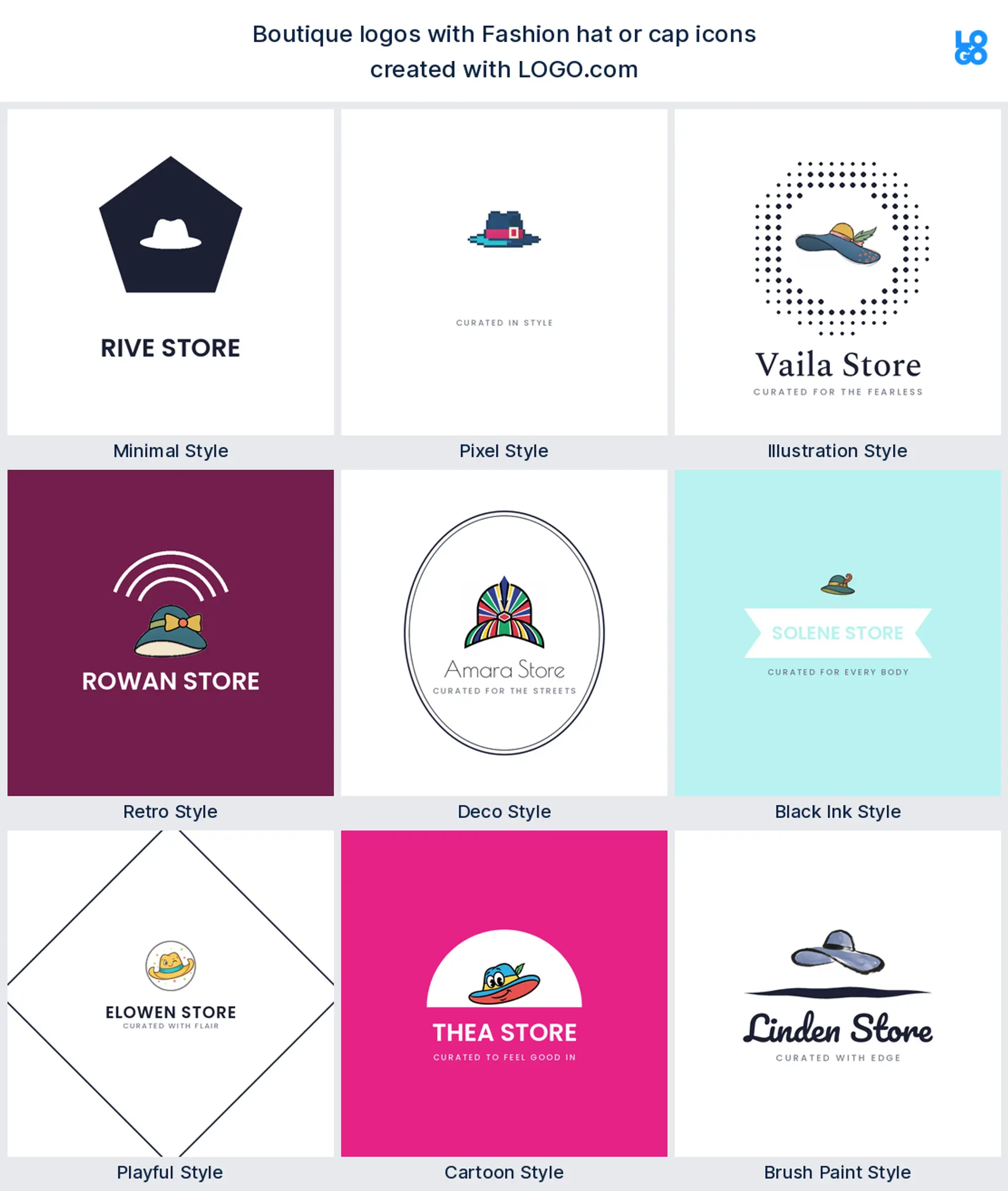Fashion hat or cap shown across nine LOGO.com logo styles
