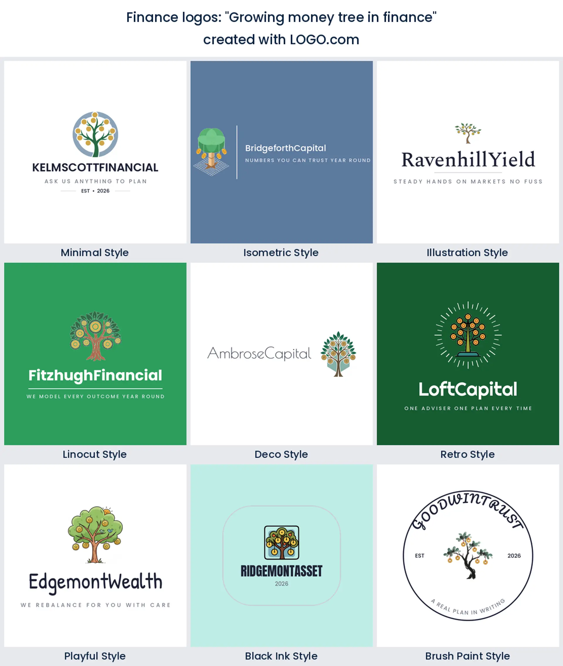 Nine styles of investment logo with a young tree growing coins