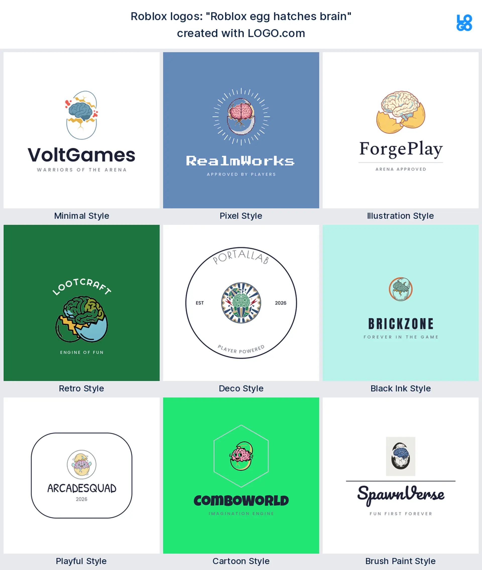Roblox logos built from the founder prompt "Roblox egg hatches brain"