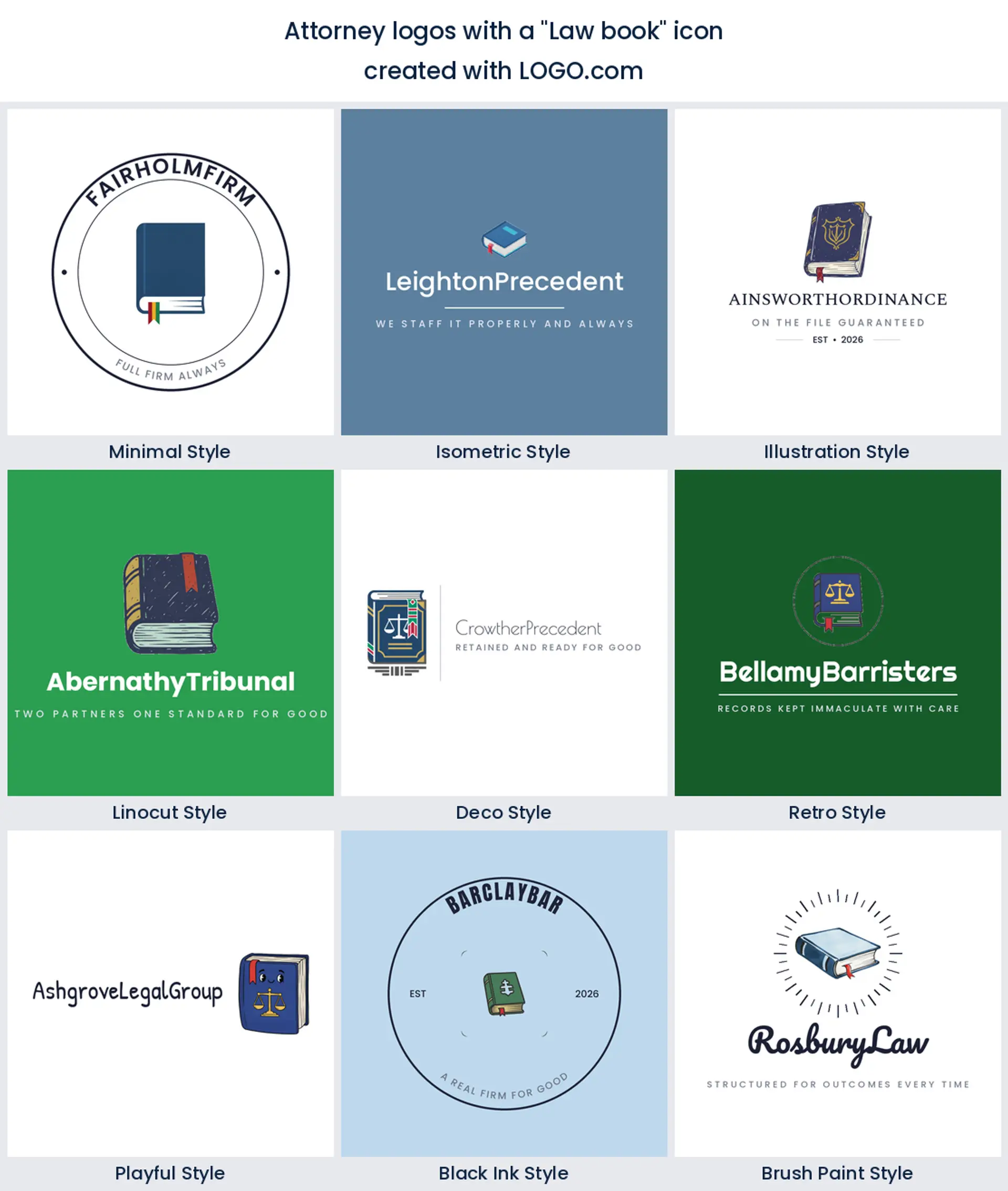 Nine styles of attorney logo built on a closed law book with a ribbon marker