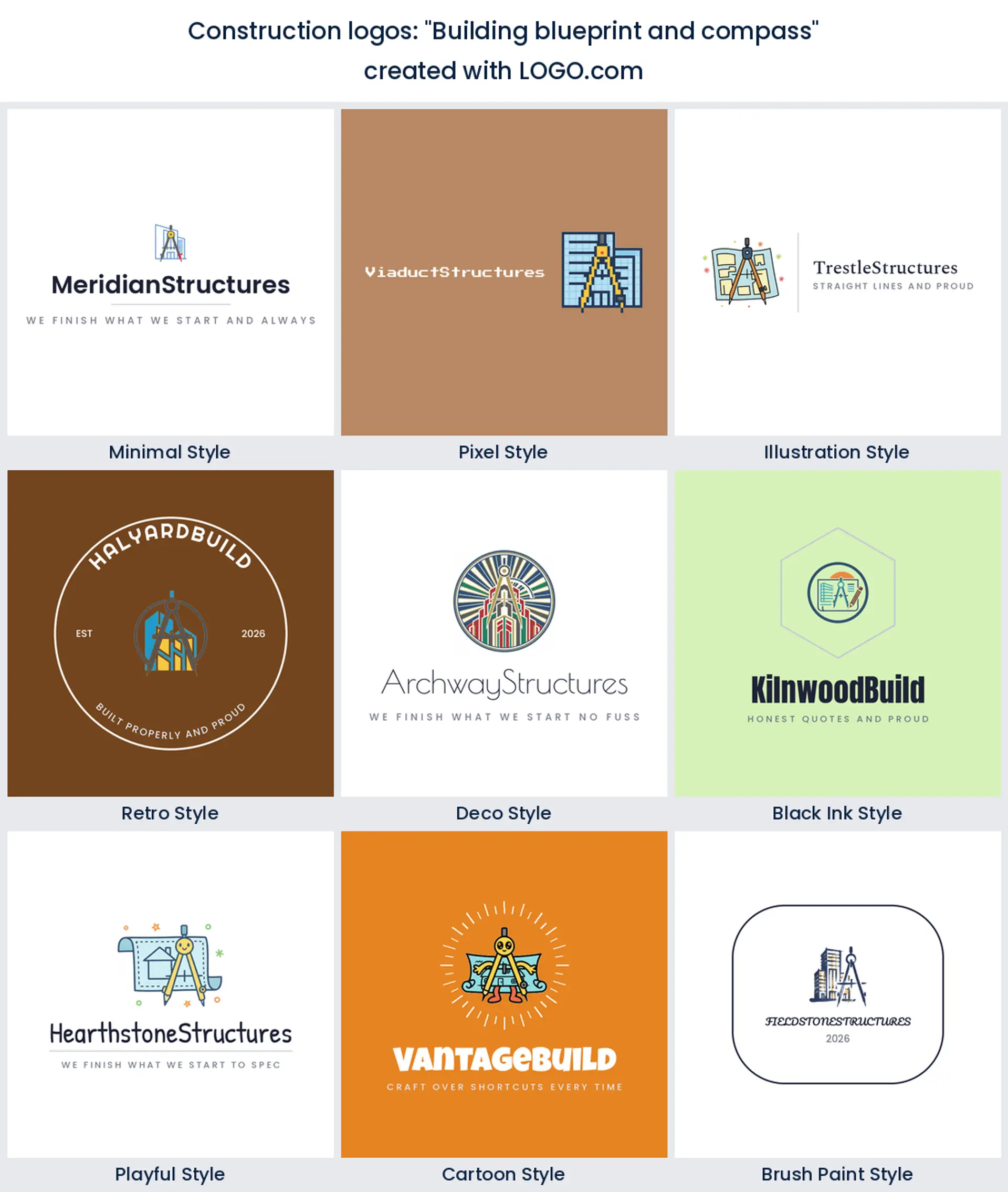 Blueprint and compass construction logo idea, shown in nine LOGO.com styles