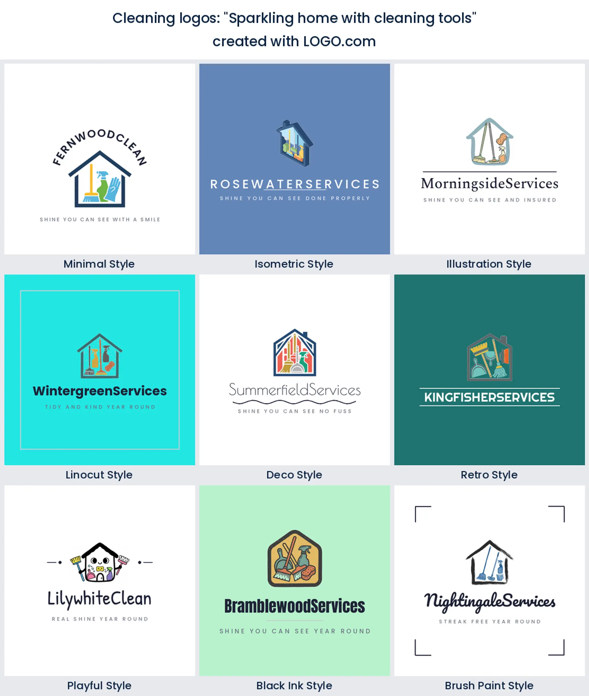 Sparkling home with cleaning tools logo idea