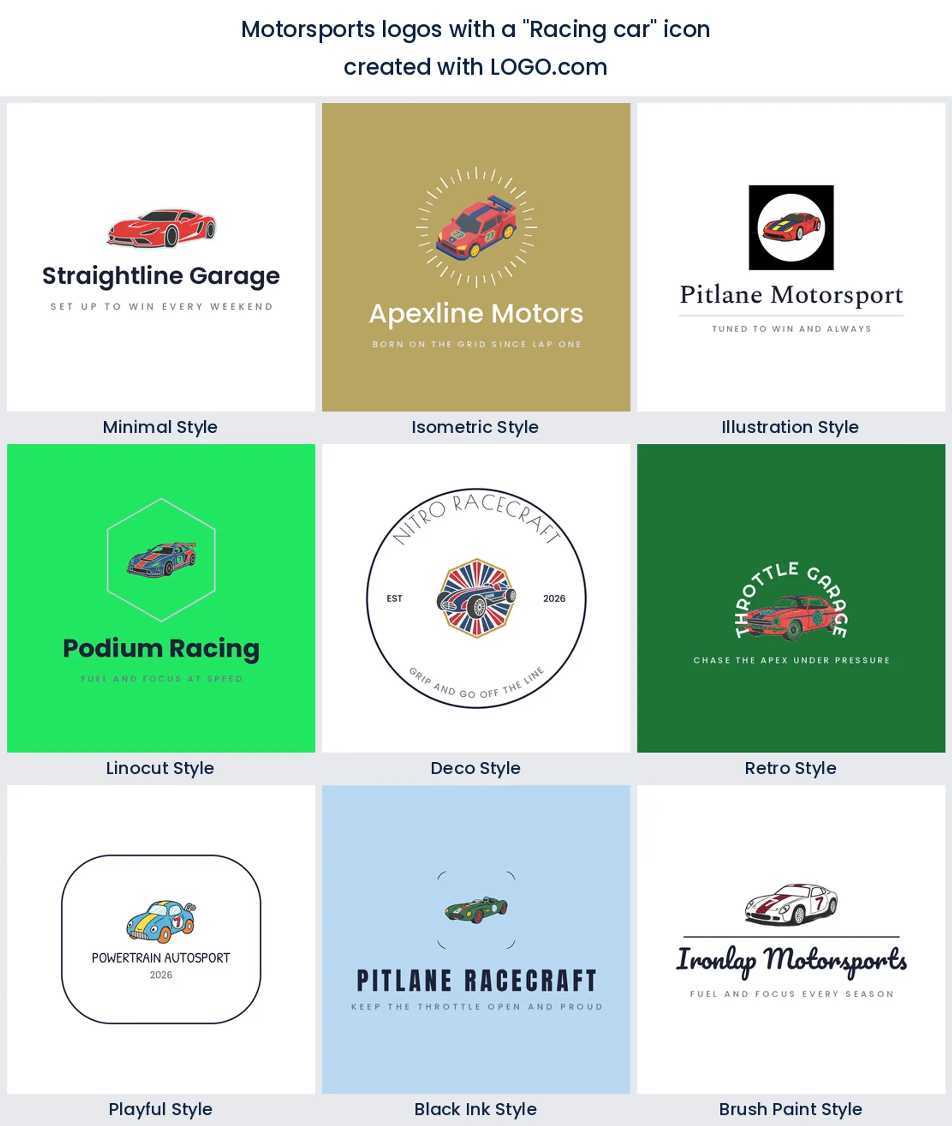 Nine motorsports logos using a race car icon, rendered in nine design styles.