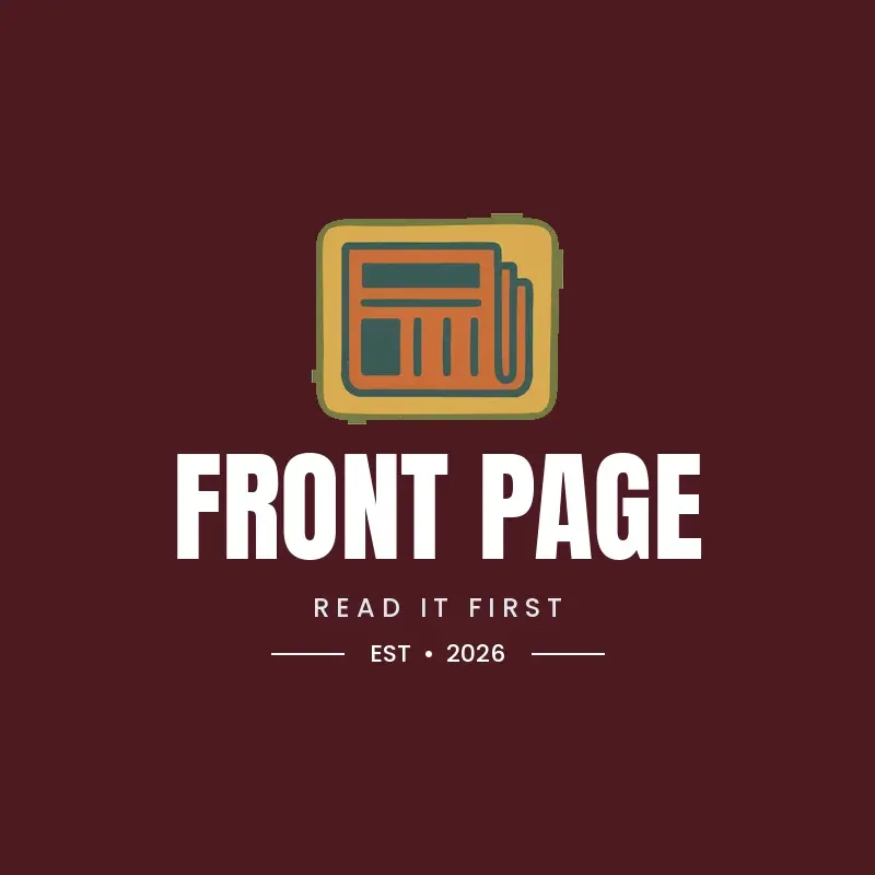 The newspaper name Front Page as a branded logo in a black ink style