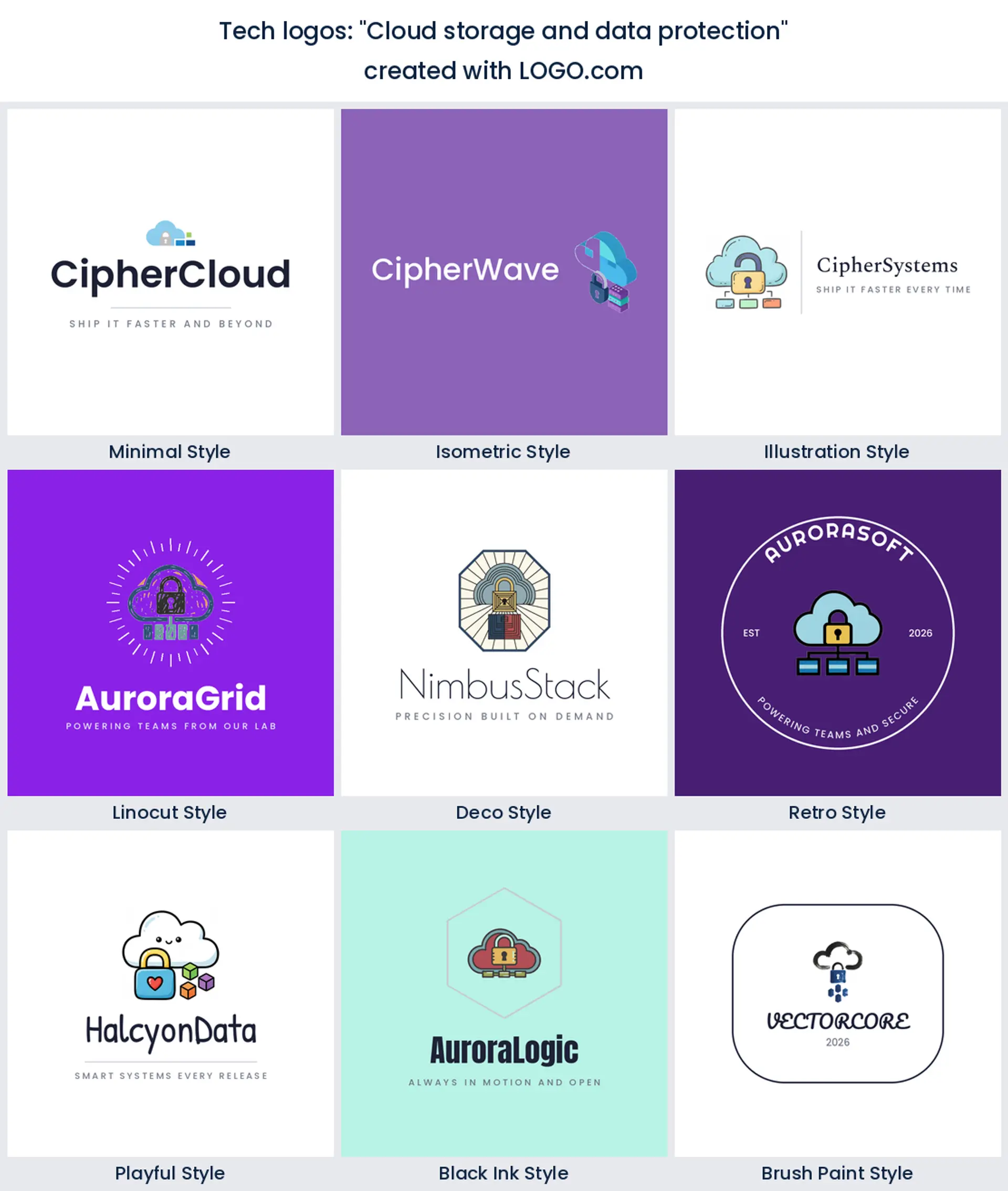 Cloud storage and data protection tech logo in nine styles.