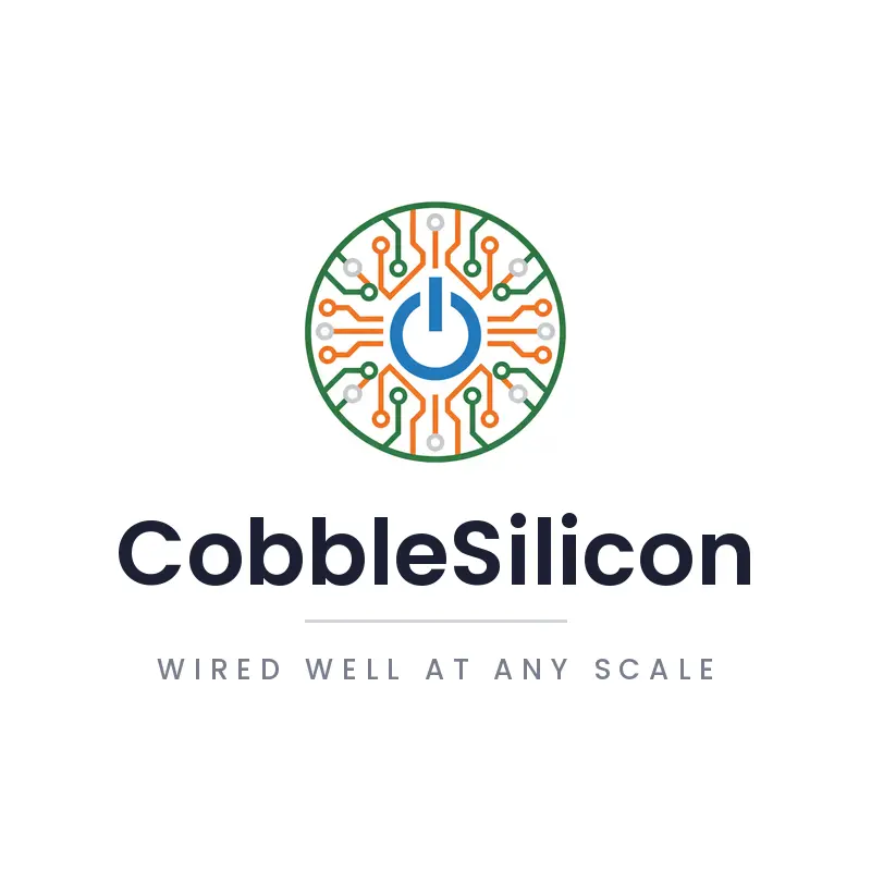 A minimal circuit board logo with a power symbol at its center.
