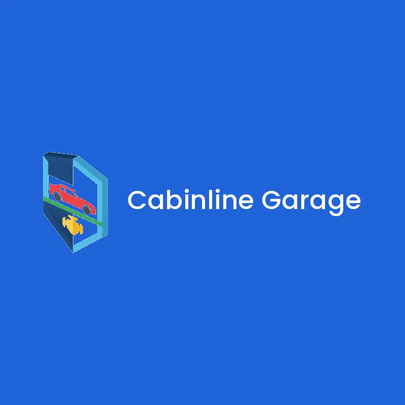 An isometric shield holding a car silhouette on blue beside a garage name.